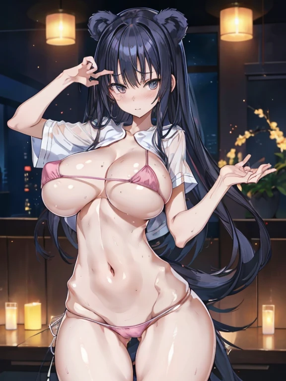 masutepiece,Best Quality,Ultra-detailed,High resolution,Unity 8k壁纸,super detailed skin,Cinematic lighting,Beautiful detailed eyes,Ideal ratio body proportions,(gigantic very sagging breasts:1.5), bikini of, underboob, Small bikini,((slim)), Thin, an hourglass figure, Toned,  Flat belly,  (wide hips), (bear a child on the hip), micro bikini, thick thighs