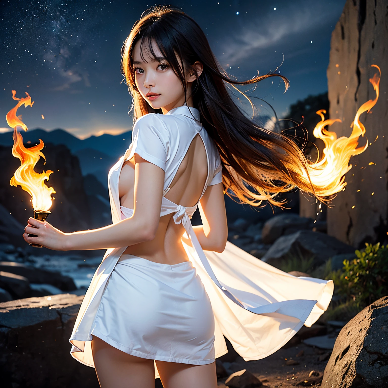 (masutepiece, Best Quality:1.2), 8K, Official art, Full body photo, full body Esbian、Emma fastening her tie. wear a robe and cloak、Beautiful barefoot woman with dark hair floating in the air, Hold the flame in your right hand、Holds thunder in left hand、Bright lava light rises above the broken Earth from beneath the asteroid belt(Jagged rock rocks and fragments shot into the air:1.3) (Storm of windy dust debris:1.1) Volume fogmist by trace Z、It can allow bright light from below to pass through、 (masterpiece) (top-quality) (detaileds) (8K) (电影灯光) (foco nítido) (Convoluted)
Embarrassing black hair、years、small tits、A delightful、A smile、unbelievable Ridiculous, (Beautiful girl with upper body, Pretty Face, arching back down, cute butt、Gold hair ornament on hair、Wearing a cute suit、close up, Wearing a suit, Short sleeve, gardenia, violaceaess, Teen, space system, Looking at Viewer, Film grain, chromatic abberation, Sharp Focus, face lights, Dynamic lighting, Cinematic lighting, Eyes and faces with detailed, Bokeh background, (Tie with Emma written on it、1 copy:1.2)