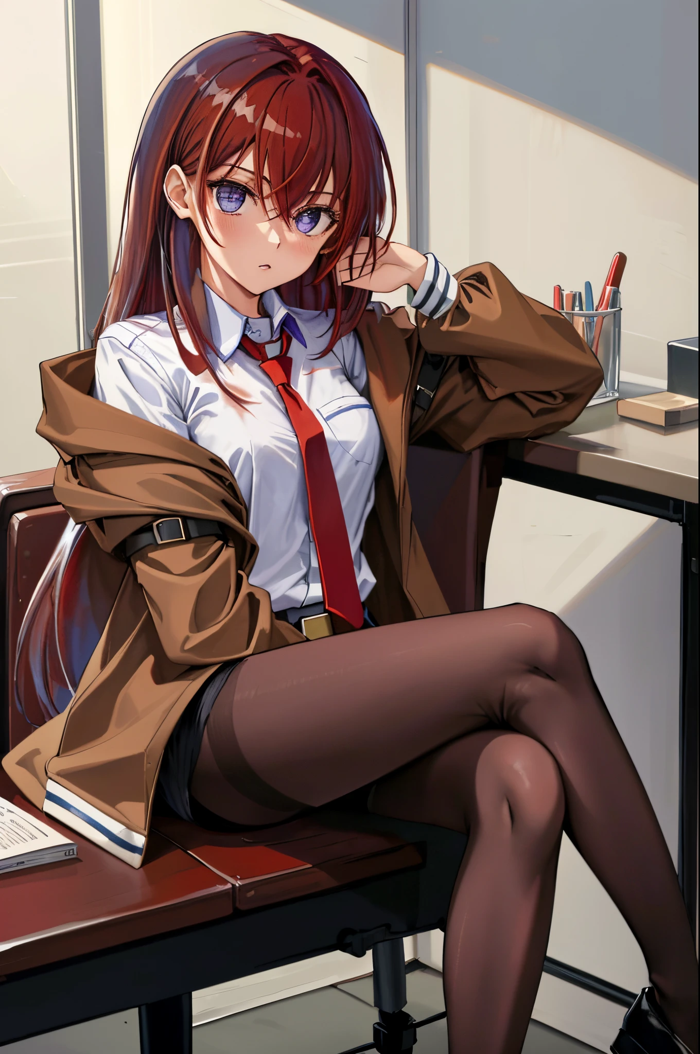 ((masterpiece), (best quality), ultra high res, 1girl, long hair, (red hair:1.5), long hair, eyes visible through hair, bangs, hair between eyes, blue eyes, purple eyes, shorts, pantyhose, jacket, shirt, red necktie, necktie, belt, white shirt, legwear under shorts, brown jacket, short shorts, long sleeves, black pantyhose, room, lab, sitting, on chair, crossed legs, portrait, looking at the viewer,