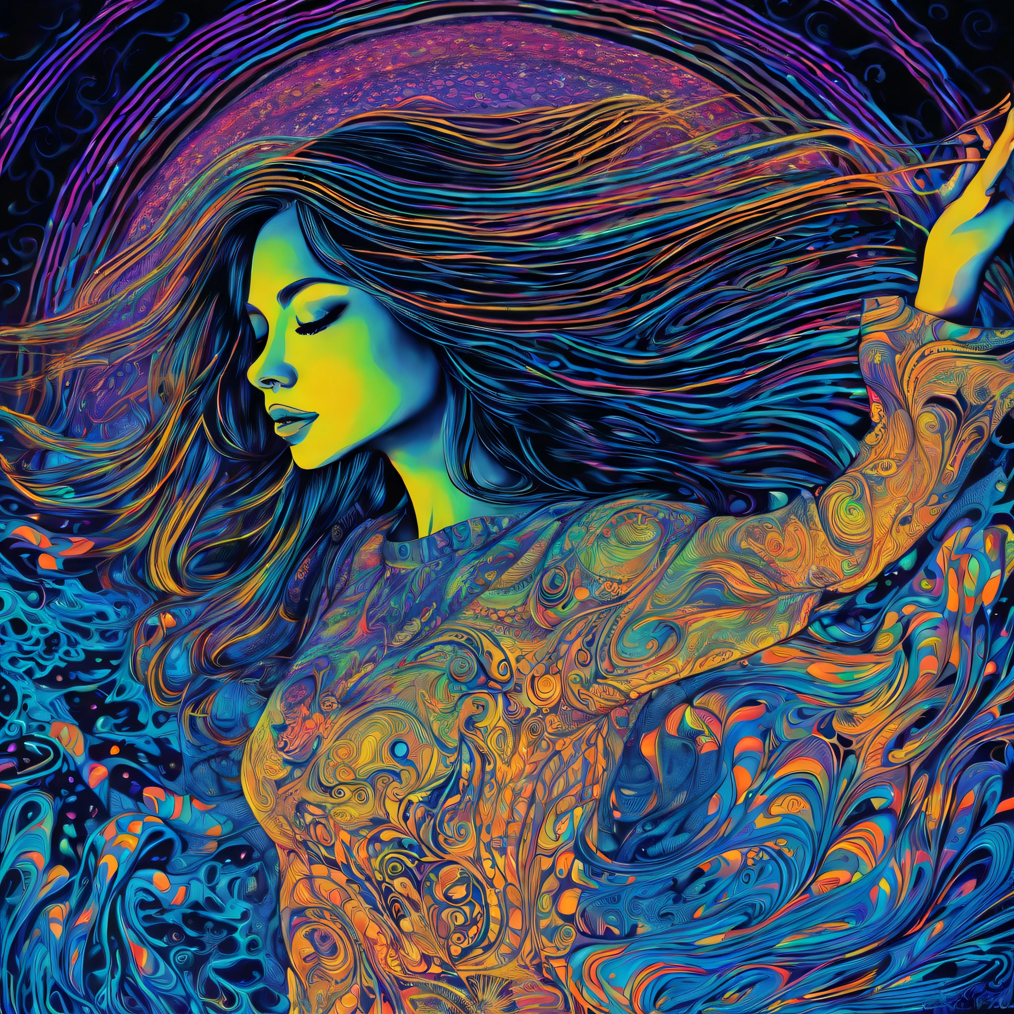 (Doubleexposure:1.7): Outline of a girl with long hair, dancing on the dance floor, the plot of the raging sea is clearly inscribed in the contours of the girl, ((black light art)), black light and art, UV sensitive, Psychedelic, tmasterpiece, incredibly beautiful