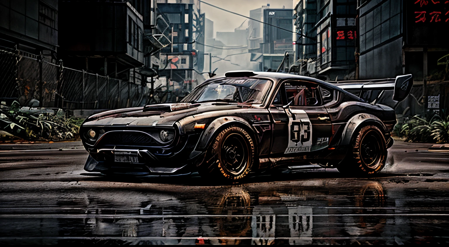 RSR Ford escort mk1, race track, hayabusa v8, grunge, cyberpunk style