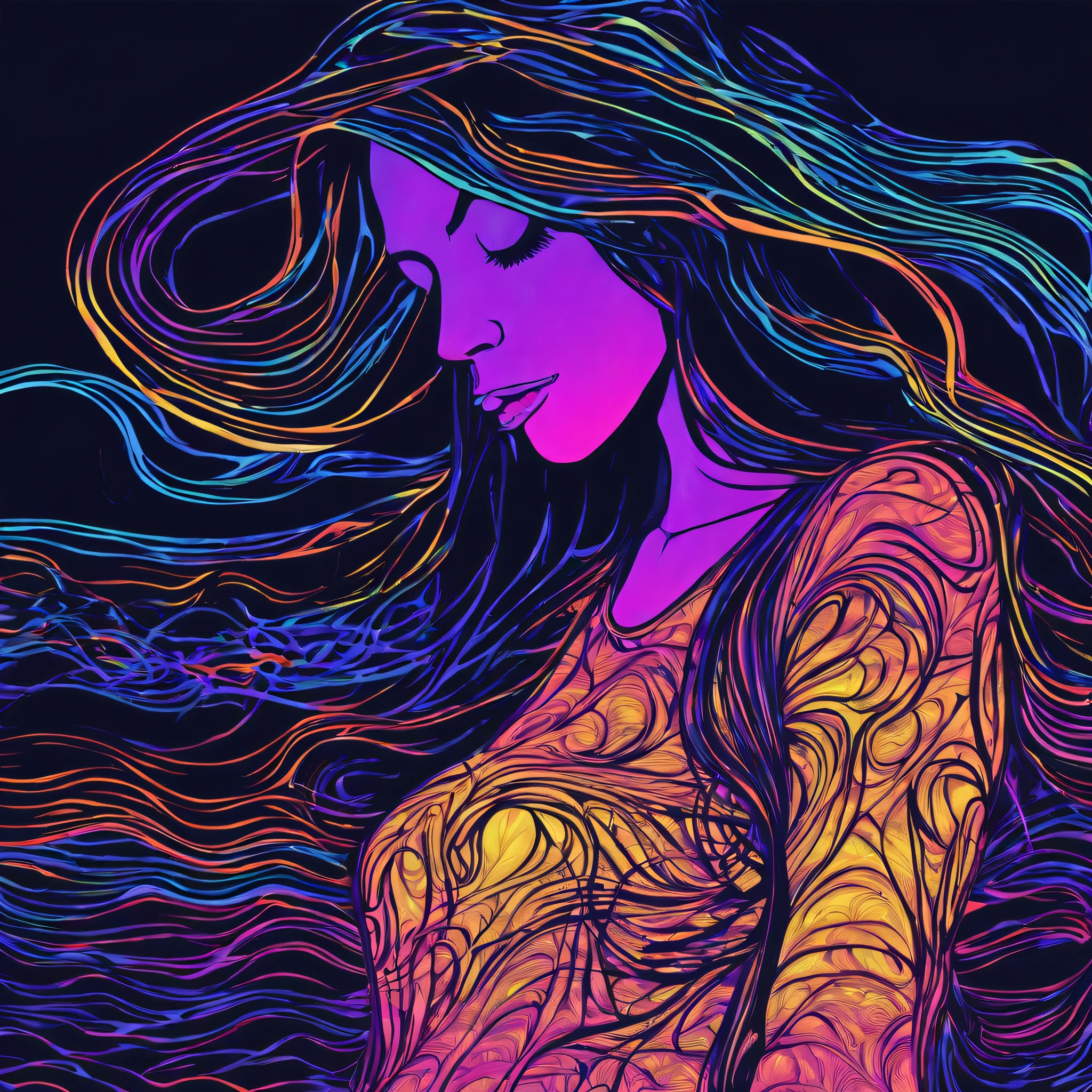 (Doubleexposure:1.7): Outline of a girl with long hair, dancing on the dance floor, the plot of the raging sea is clearly inscribed in the contours of the girl, ((black light art)), black light and art, UV sensitive, Psychedelic, tmasterpiece, incredibly beautiful