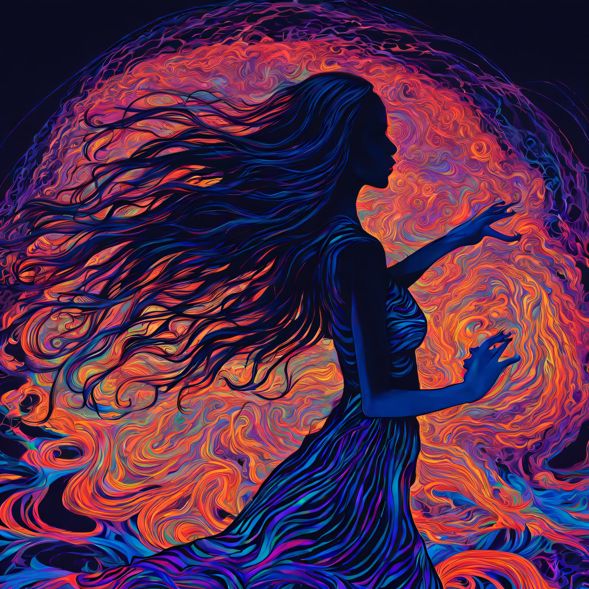 (Doubleexposure:1.7): Outline of a girl with long hair, dancing on the dance floor, the plot of the raging sea is clearly inscribed in the contours of the girl, ((black light art)), black light and art, UV sensitive, Psychedelic, tmasterpiece, incredibly beautiful