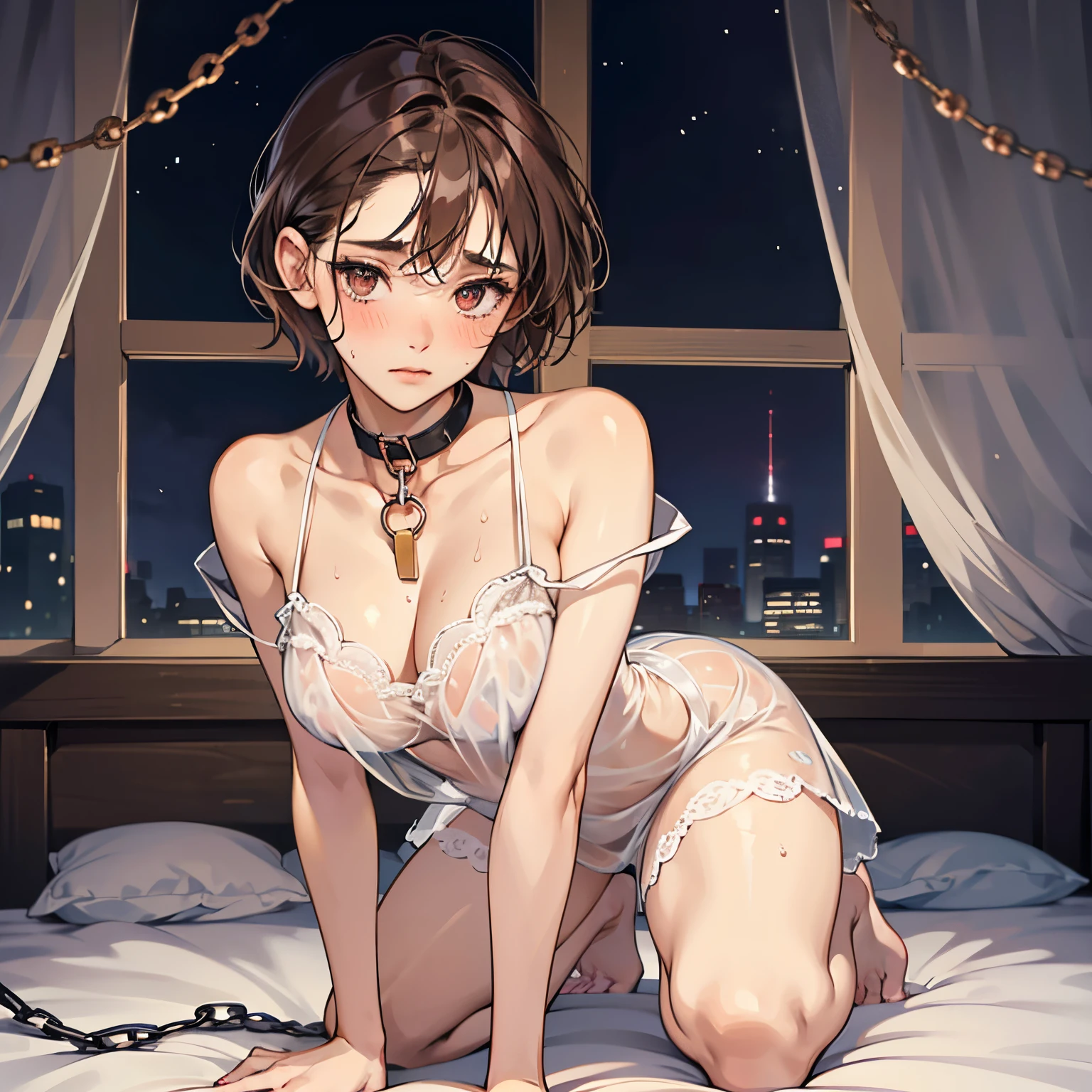 1girl in,A beautiful girl wearing a see-through nightgown plays with her breasts and crotch.,boyish handsome girl,Such a shy look'looks like me'i feel like crying,red blush,Teary-eyed,A dark-haired,Short hair undercut,Accurately drawn face,Rut,Sweaty skin,Slender but big breasts,erectile nipple,thighs thighs thighs thighs,Rubbing own breasts or crotch,rub your feet together,Squatting with your butt,See-through nightgown that shows your skin,dog collar with chain around the neck,On a plush bed,masterpiece,Best Quality,Functional,During masturbation,
