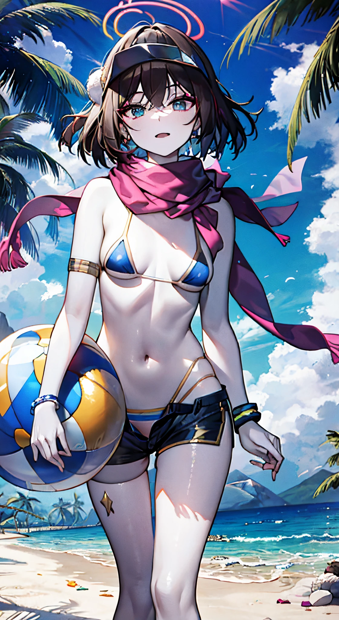 (masterpiece:1.2), (pale skin:1.2), (solo:1.2), (female:1.1), (emphasis lines:1.3), cap, beach, scarf, shorts, bracelets, armbands, (micro bikini:1.3), (shorts), palm tree, halo, beast ears