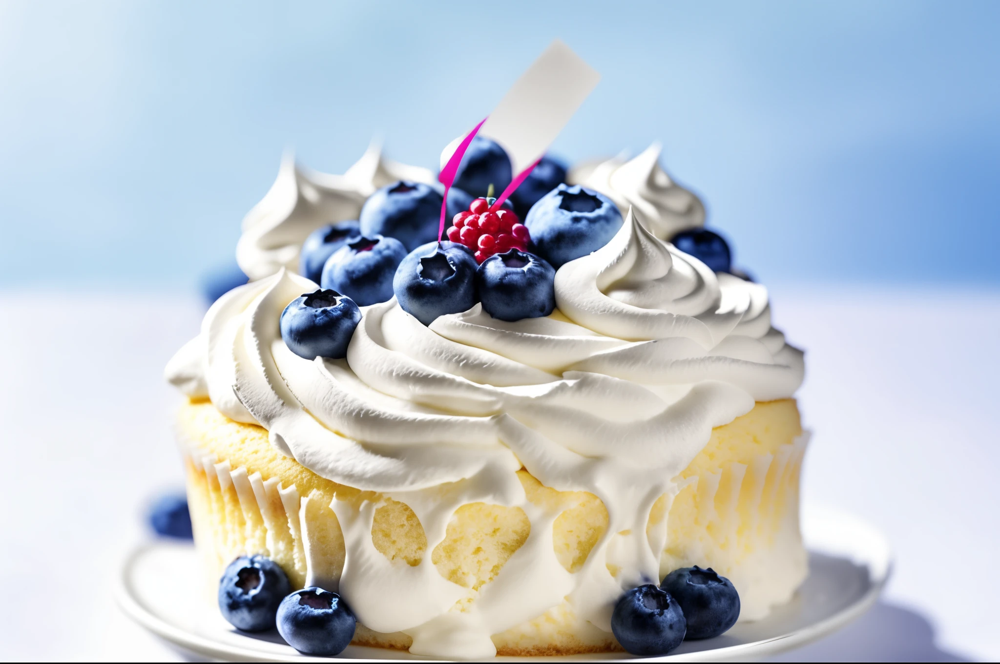 There was a cake，Topped with blueberries and whipped cream, Whipped cream on top, Cupcakes, whipped cream, cream, desserts, Blueberry garnish, delicious, blue berry, excellent detail, very tasty, 2506921471, by Maki Shiro, 4237549348, author：Kiyoshi Yamashita