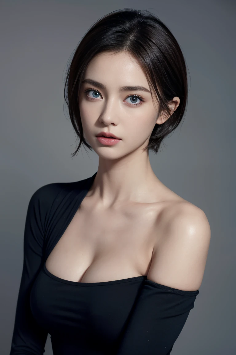 Skin Tight Black Top:1.2, Looking at Viewer, Cinematic lighting, Perfect, softlight, High resolution skin:1.2, Realistic skin texture, Realistic face, off shoulders, Exposed cleavage, Blue eyes, Short hair,dark brown  hair、Bust B Cup、Small breasts、Light gray background