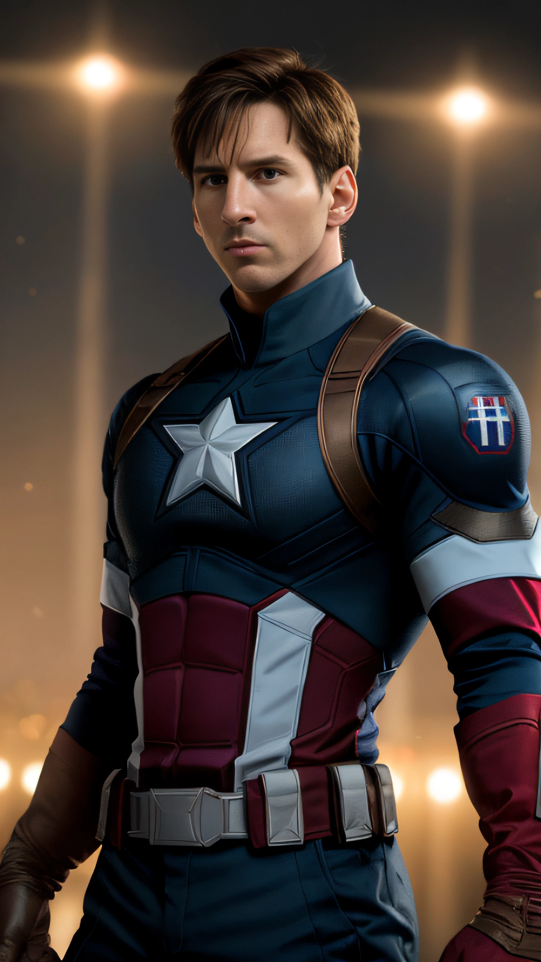 Lionel.Messi plays the superhero Captain America， 8k，K HD，detalle en la cara，detalle en la cara，Ojo detallado，Detalles del traje，Marvel y el estilo DC，Ultra foto realsisim，+ Lentes de cine + Dynamic compositions，Stunningly Detailed，afilar，El detalle +Superbly fine details+Noche de luces+perfeccionismo+Realismo premiado（（Luz cambiante））