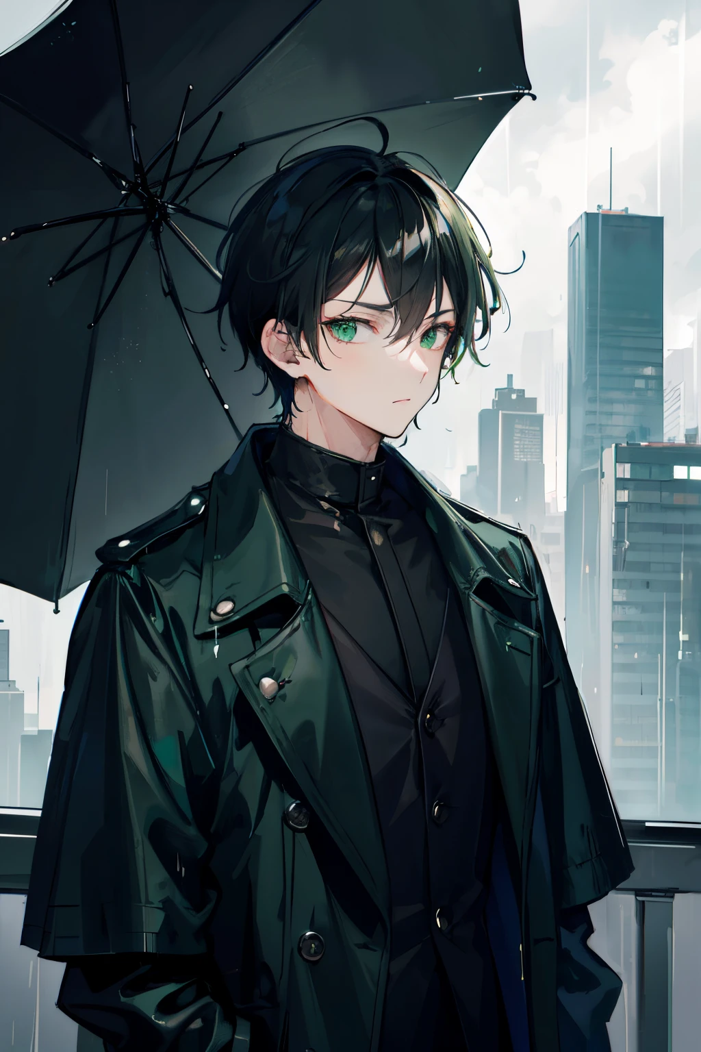 (masterpiece),(high resolution),(high quality), 1boy , broad shoulders,,black and green clothes,Black hair mixed with green
night city,rain,coat