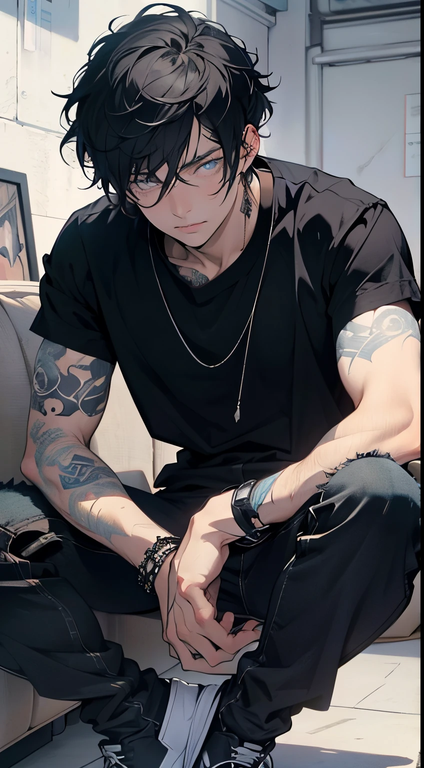 (best quality,4k,8k,highres,masterpiece:1.2),ultra-detailed,realistic:1.37,pale-skinned brooding man with a slightly toned build and an attractive appearance, beautiful blue eyes, and very long flowing fluffy pitch black hair, in his 20s, wearing a trendy black tank top and fashionable jeans, sitting on a comfortable couch. The man is clean-shaven and has a tattoo on his right arm. The man has a goth-like, punk, alternative style.