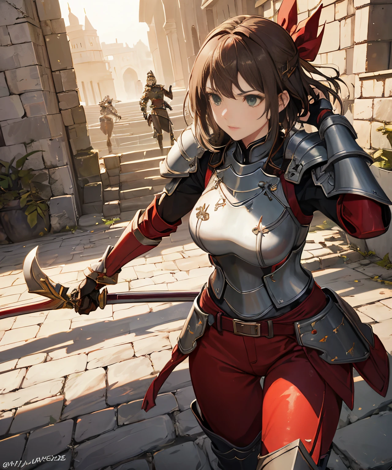 female knight, short brown hair, green eyes, metal bow on her head, heavy armor, red pants, silver greaves, holding a heavy long sword, RPG game environment, sword art online style.


best quality, ultra-detailed, vivid colors, realistic, high resolution, professional, female knight, (short brown hair), (green eyes), beautiful detailed face, (metal bow on head), heavy armor, strong and confident posture, (red pants), silver greaves, (holding a long heavy sword), RPG game environment, sword art online style, immersive lighting, sharp focus