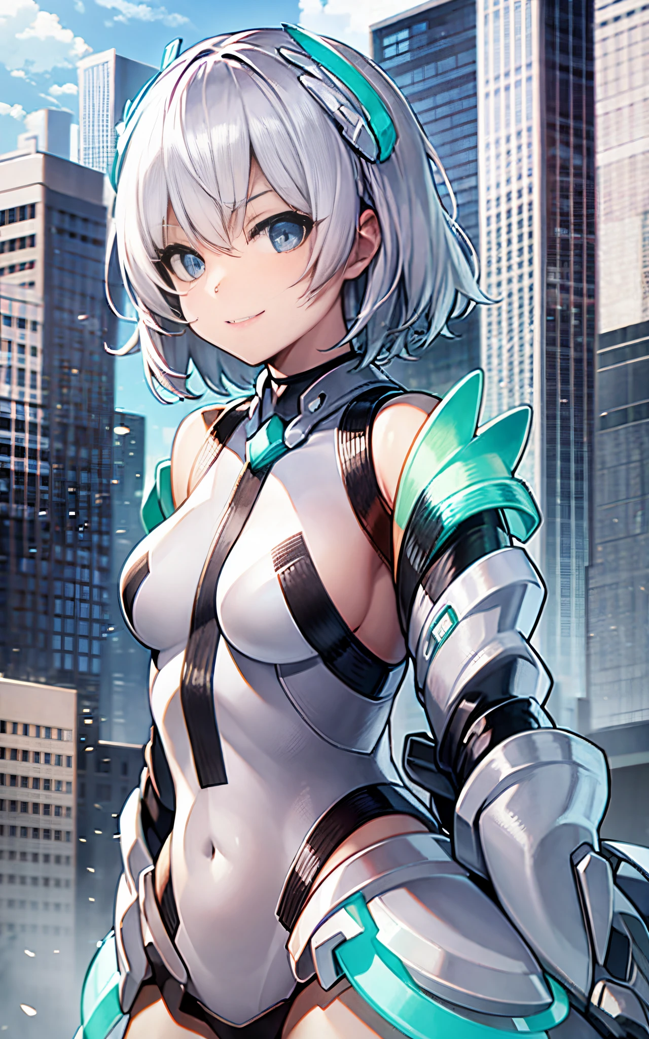 lightsmile, deva battle suit, Outdoors, Silver hair, bobhair, Blue eyes, waist shot