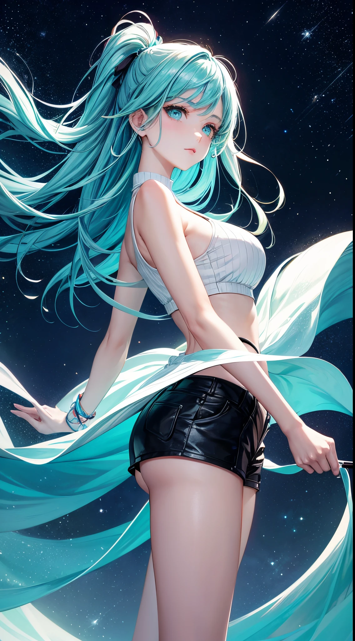 Generate an image featuring a woman with diverse characteristics, including mesmerizing teal-colored hair, a fashionable white cropped top paired with sleek black shorts. Capture the scene from a low-angle perspective, showcasing the night sky filled with glittering stars as a backdrop. Emphasize the contrast between her outfit and the celestial beauty above, creating a visually captivating composition that highlights both the stylish attire and the enchanting night sky. Incorporate modern design elements in the 2D background to enhance the overall visual appeal of this unique and fashion-forward representation.