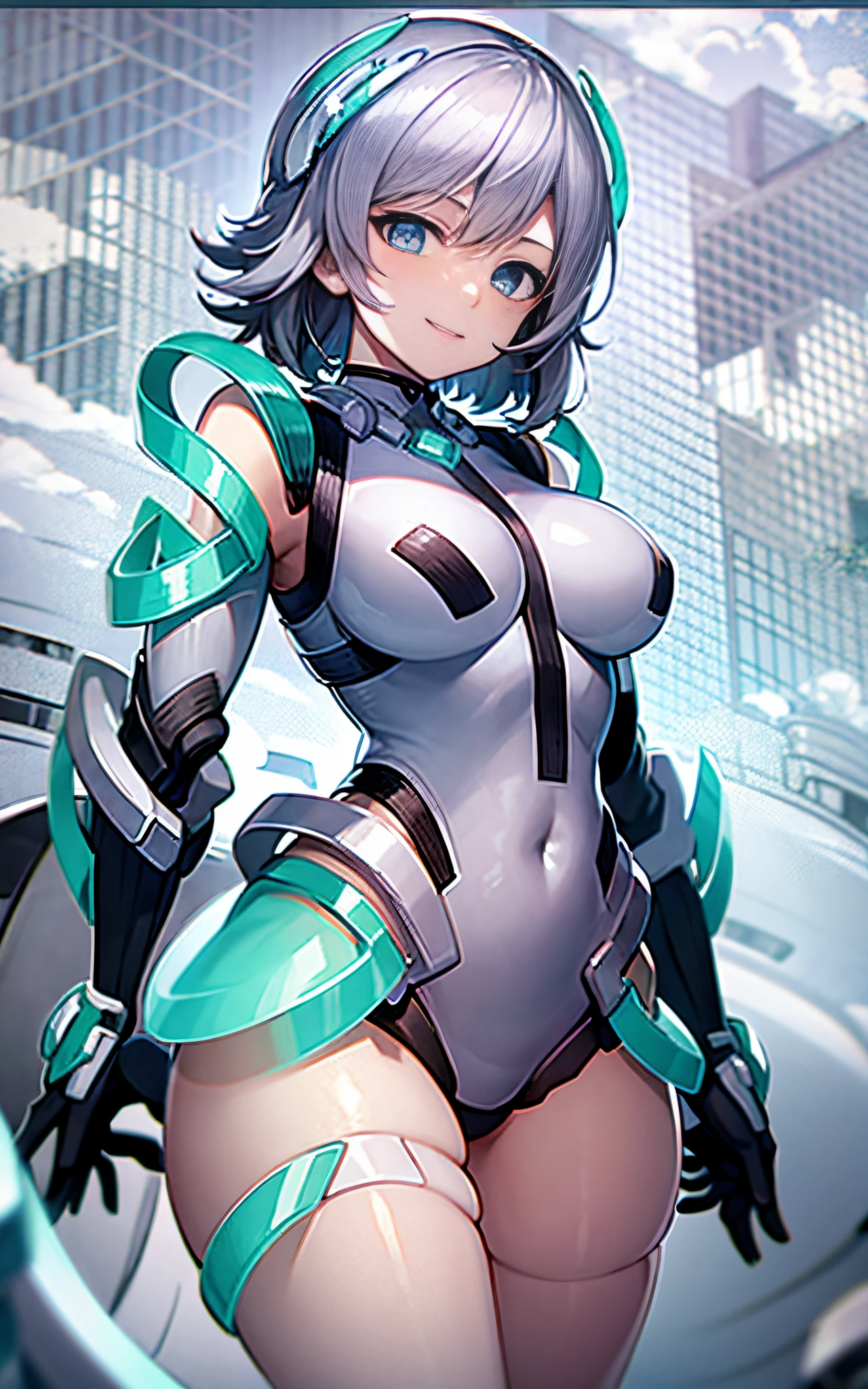 lightsmile, deva battle suit, Outdoors, Silver hair, bobhair, Blue eyes, waist shot