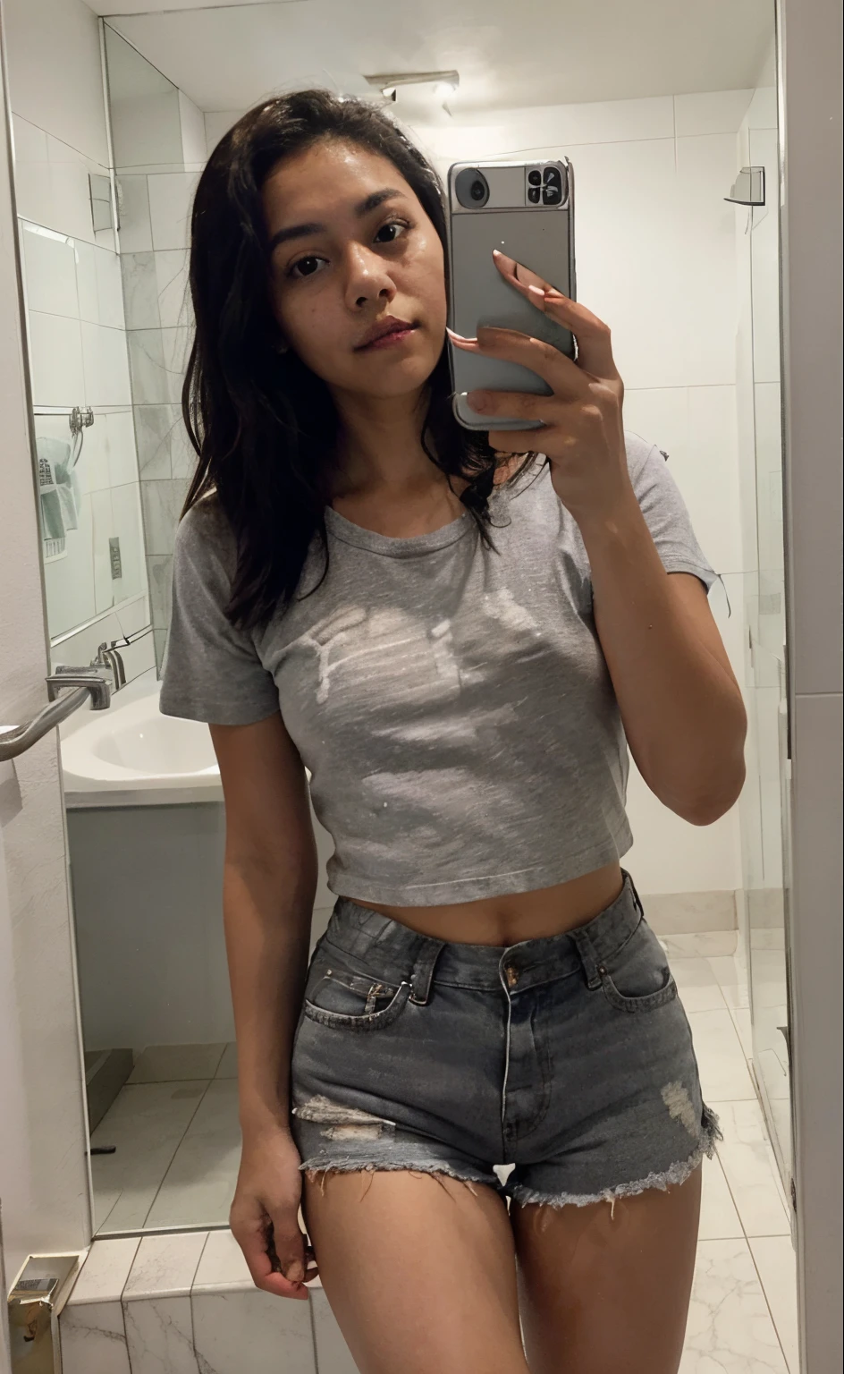 Image of a half-dark Mexican girl in her 20s, She is dressed in gray shorts underneath and a white t-shirt on top and takes a selfie in the bathroom in front of the mirror with her phone.., que es claramente visible en la imagen.