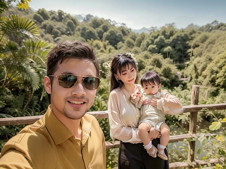there is a young man and woman holding a on a bridge, jungles in the background, in front of a forest background, in the background is lush jungle, in jungle, in jungle forest, husband wife and son, jungle in background, in jungle forest !!!, in a jungle, in a jungle environment, connected with hanging bridge!!, in forest jungle, facebook post