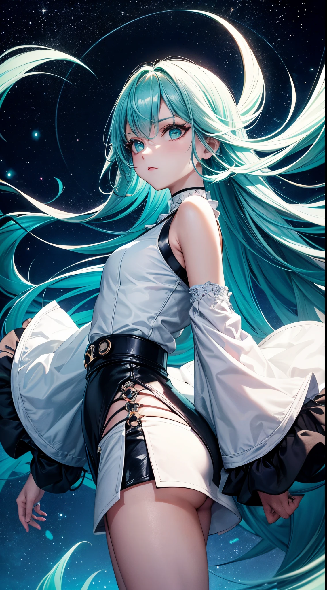 Generate an image featuring a woman with diverse characteristics, including mesmerizing teal-colored hair, a fashionable white cropped top paired with sleek black shorts. Capture the scene from a low-angle perspective, showcasing the night sky filled with glittering stars as a backdrop. Emphasize the contrast between her outfit and the celestial beauty above, creating a visually captivating composition that highlights both the stylish attire and the enchanting night sky. Incorporate modern design elements in the 2D background to enhance the overall visual appeal of this unique and fashion-forward representation.