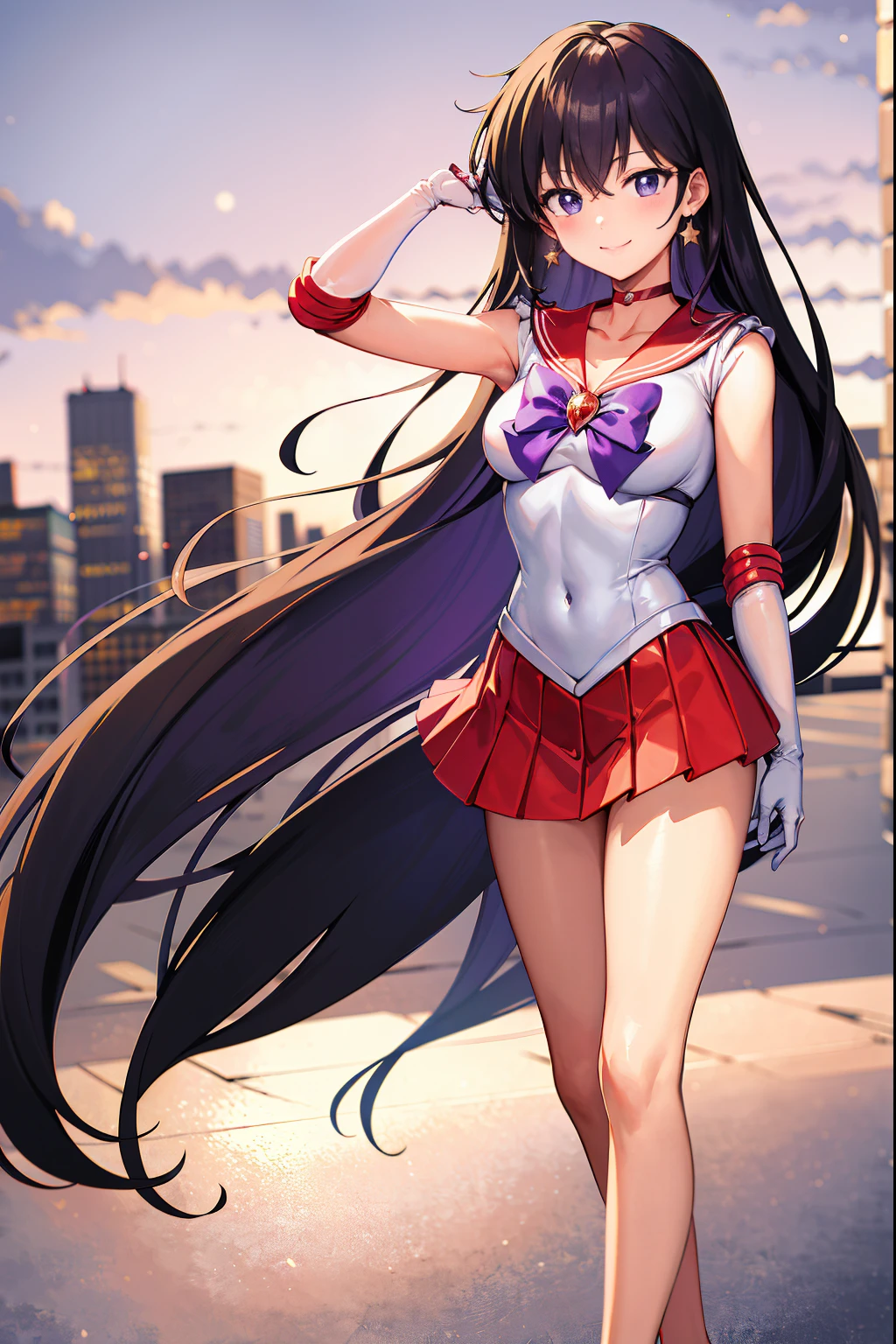 (masterpiece, best quality), highres, sama1, tiara, skirt, sailor senshi uniform, white gloves, red sailor collar, red skirt, star choker, elbow gloves, pleated skirt, bare legs, collarbone, purple bow, standing, smile, moon, city
