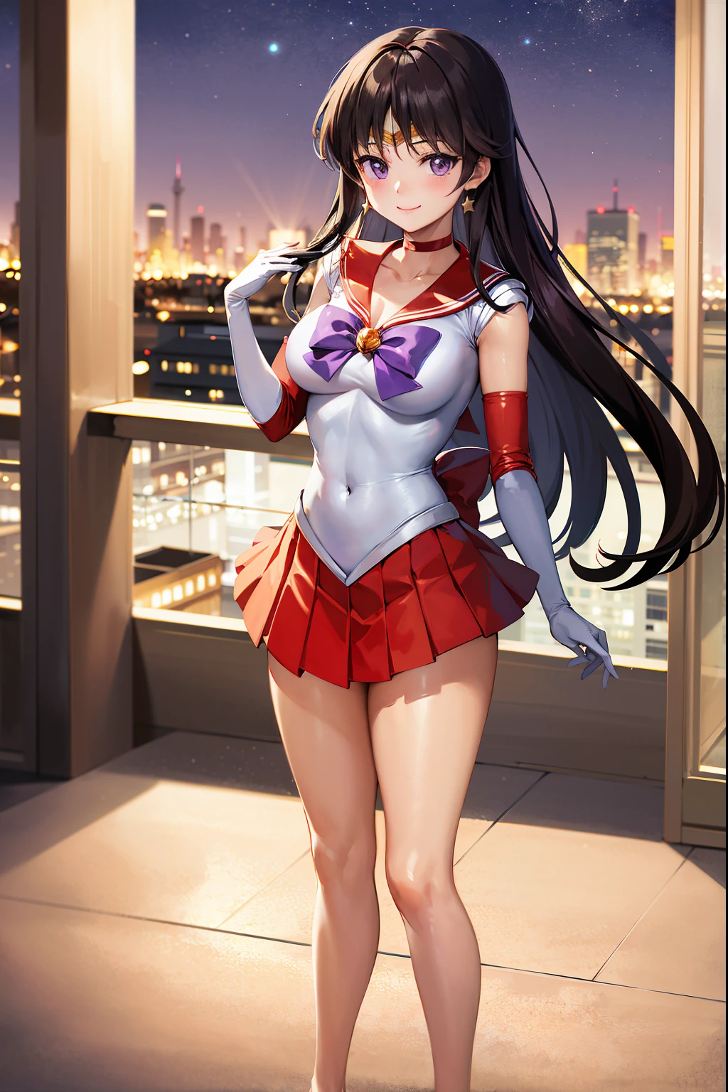 (masterpiece, best quality), highres, sama1, tiara, skirt, sailor senshi uniform, white gloves, red sailor collar, red skirt, star choker, elbow gloves, pleated skirt, bare legs, collarbone, purple bow, standing, smile, moon, city