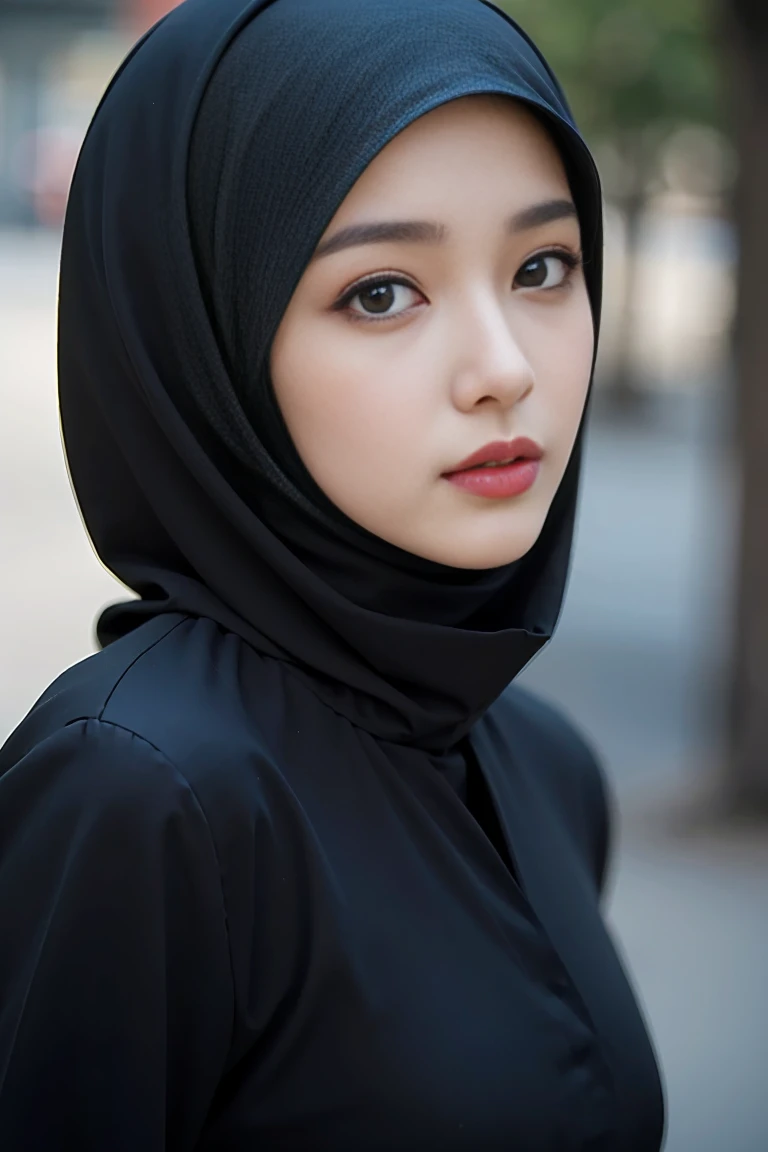 (best quality, masterpiece, ultra detail, ultra detailed 8k CG), mature female, (hijab, black hijab:1.2), wearing black shirt and white blazer, medium breast, serious expression, looking to viewer, medium close shot, (facing viewer), depth of field, outdoor, standing,