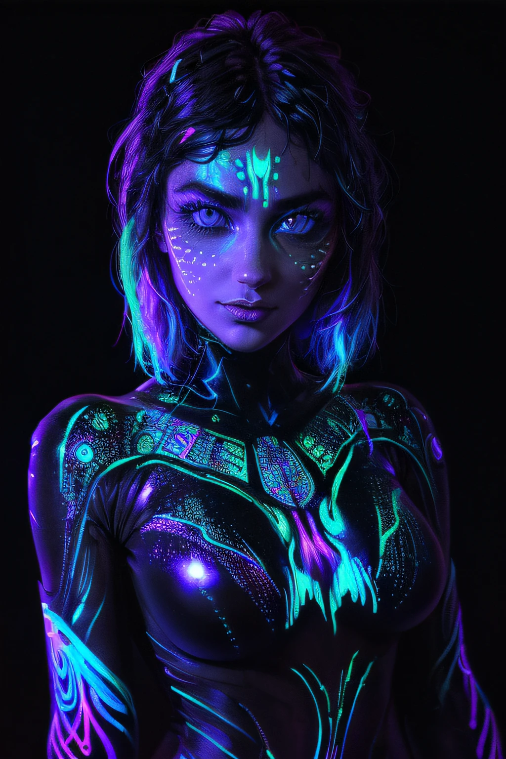 (black light painted on girl&#39;s face:1.3, close up black light), (masutepiece:1.3), (8K), (Best Quality:1.4), (nffsw:1.2), (Photorealistic:1.3),(Raw photography), (1girl in), (ultra high detailed), (Detailed face), Very perfect beautiful and cute face, (detailed hairs), Beautiful hair, Bangs, (Symmetrical eyes:1.3), (Detailed eyes), (Detailed skin), Realistic skin, Ultra high definition, (medium breasts:0.7, well-shaped breasts), (slim figure), (Supermodel Figures), Gentle smile:1.1, (Intricately patterned bodysuit with black light damask paint:1.3), (upperbody shot), (in the dark room withou:1.5), (cyberpunk blacklight painting background:1.3)