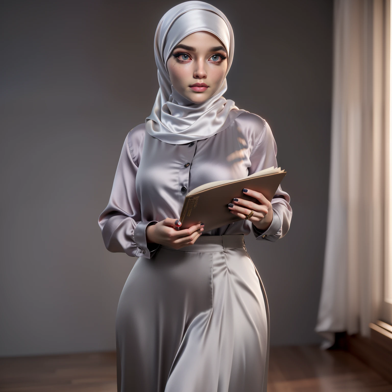 3DMM, ((Masterpiece, best quality, photography, detailed skin, realistic, photo-realistic, 8k, highly detailed, full length frame, High detail RAW color art, diffused soft lighting, shallow depth of field, sharp focus, hyperrealism, cinematic lighting, hijab, a woman in a beautifully makeup, smokey eyeshadow, beautiful big eyes, long eye lashes, wearing (Taupe satin hijab), loosely tide hijab style, ((gray satin shirt)), satin long maxi skirt, reading, Missionary Penetration