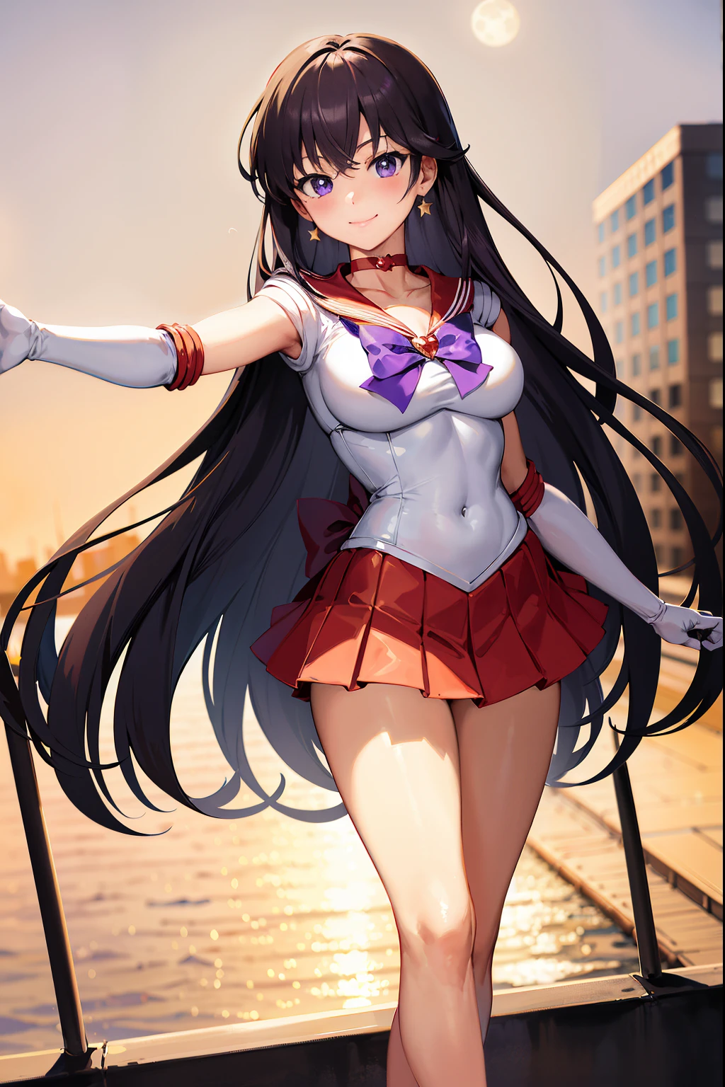 (masterpiece, best quality), highres, sama1, tiara, skirt, sailor senshi uniform, white gloves, red sailor collar, red skirt, star choker, elbow gloves, pleated skirt, bare legs, collarbone, purple bow, standing, smile, moon, city