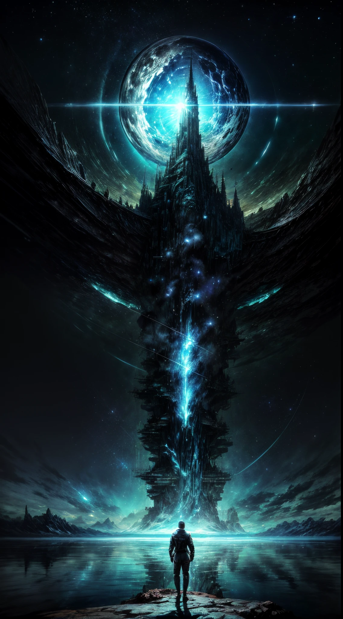 A man stands on a cliff looking at a planet, Arte de fantasia grande angular, Arte digital altamente detalhada em 4k, Stunning fantasy setting, paisagem de arte de fantasia, arte de fantasia, Arte de fantasia 4k, sci-fi fantasy wallpaper, Epic fantasy science fiction, Arte digital detalhada em 4k, most epic landscape, Arquitetura mundial detalhada, Blue and green sky, aerial photography, mechas, Detailed genre painting, Nave espacial substitui cume rochoso, no estilo de kawacy, intrincado mundo do mapa, Olhos vagam, Magnificent scale,Paisagem mundial de fantasia da Terra e seus habitantes, estilo scifi, cena da montanha, Blue and green sky, Cidade Nova de Magali,Artista Alan Abrahamson, Papel de parede de arte de arte de fantasia, Modelado a partir do terreno do norte da China, Blue and green sky, eye catching composition, cena da montanha, high-angle, firecore