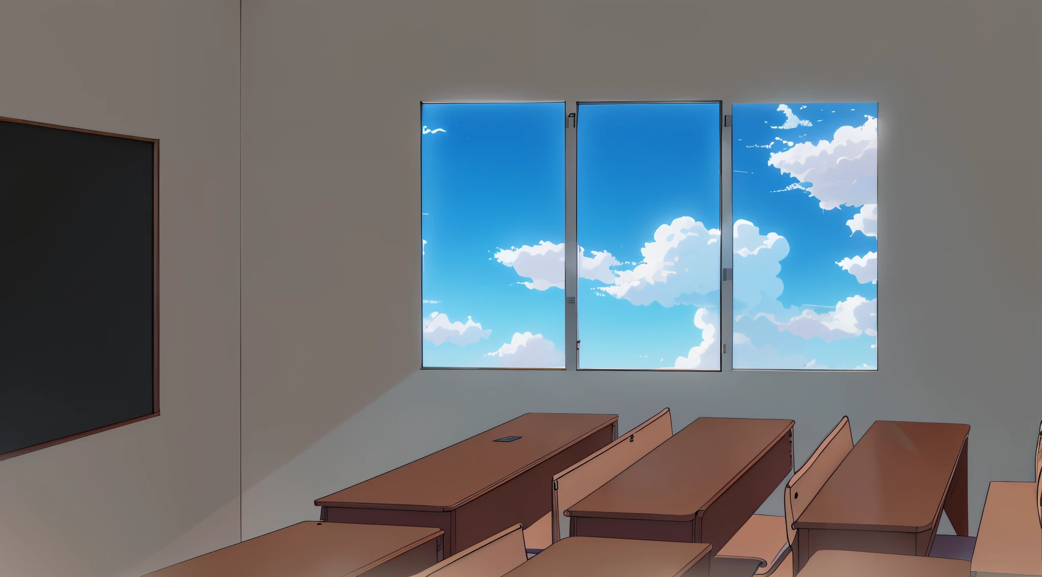 there is a classroom with a blackboard and a window with a sky view, classroom background, typical anime classroom, highschool background, open window ib background, anime background art, anime background, random background scene, anime scenery, detailed scenery —width 672, personal room background, anime scene, interior background art, school classroom, anime sky, classroom