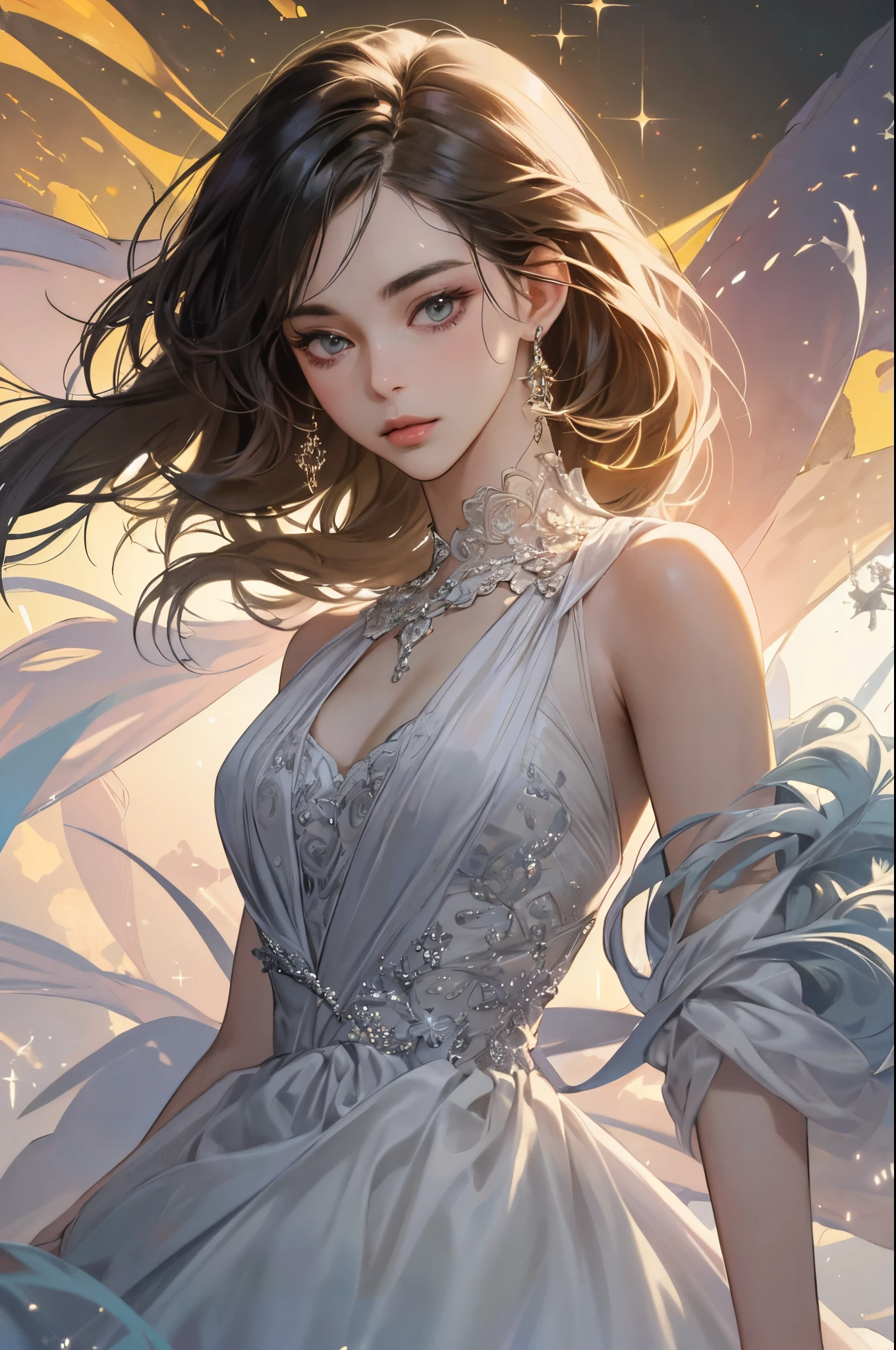 (detailed lips), (realistically:1.37), (vivd colour), (Studio lighting), (Focus sharp), (HighDynamicRange), (bokeh), (to contrast), (k hd:1.2),  (Elegant), (gracefulness), (youthful), (luxury accessories), (sparkle eyes), (Radiant), (serene), (glowing), (like a dream), (dynamic), (gorgeous one), (sensitive), (drastic), (Complex), (everlasting), (Very beautiful dress，Delicate floral lace embroidery), (mistic), (Ethereal), (mistic), (flawless perfection), (Interesting), (unique), (tmasterpiece), (A high resolution), (Best quality, 4K, 8K), Alone, 18yo Girl.