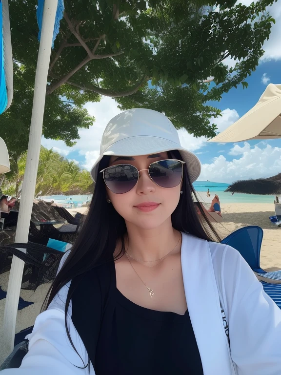 woman in a white hat and sunglasses taking a selfie on the beach, at a tropical beach, with sunglass, wearing sunglasses and a hat, in the beach, sunny day at beach, at a beach, standing at the beach, wearing sunglasses and a cap, sunny day time, 22 years old woman, at the beach, vacation photo