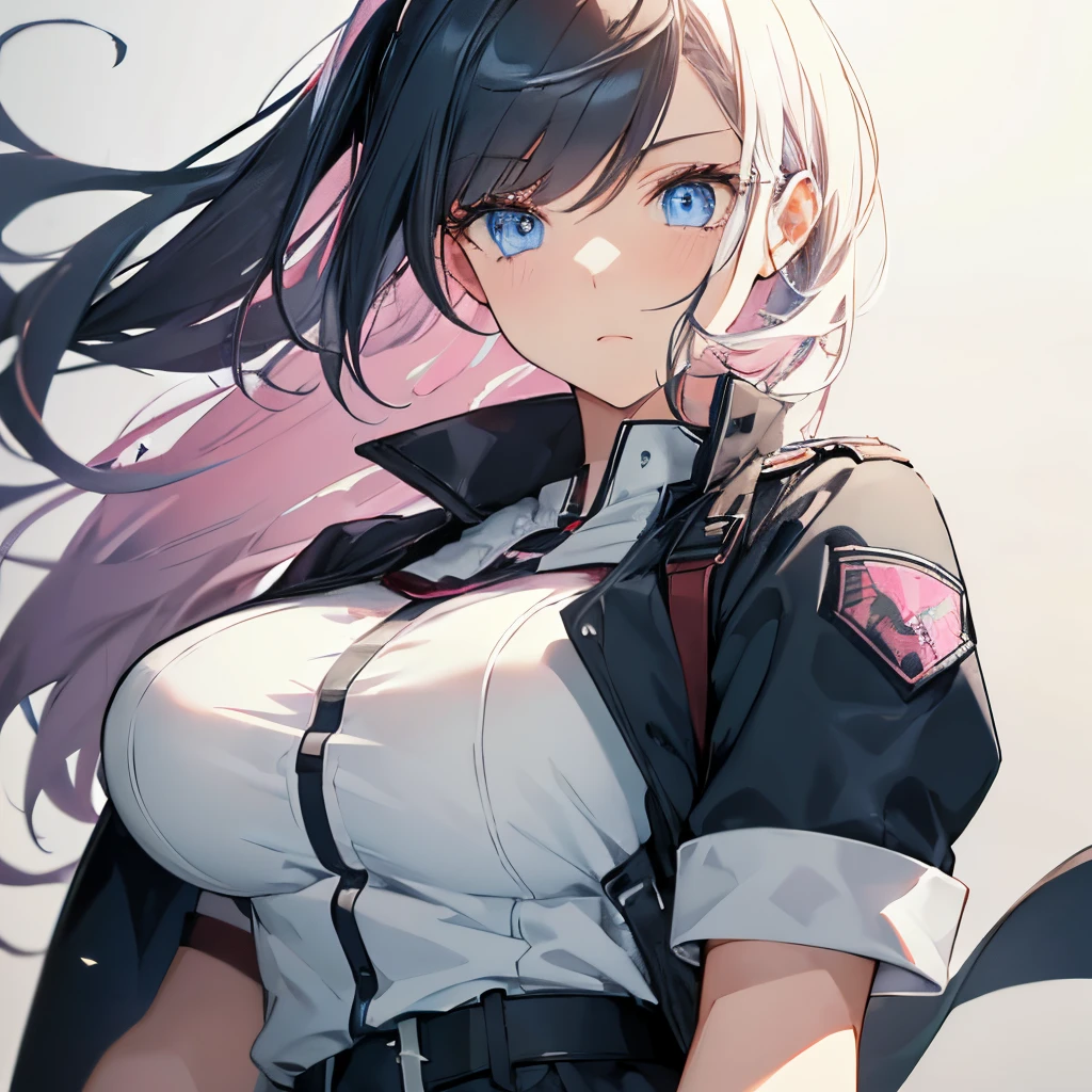 (masutepiece:1.2, Best Quality), 1 girl in, Blue eyes, jet-black hair, Pink inner hair, blue military uniform,(Gray white background:1.3),Full body,Big Breast,Sword,
