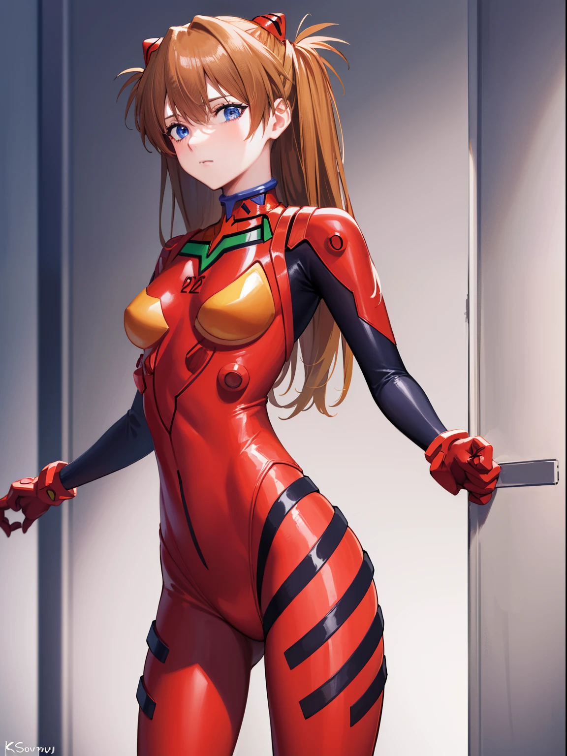 asukalangley, Asuka Langley Soryu, (Souryu Asuka Langley:1.5), Blue eyes, hair between eye, Headgear, Interface headset, Orange hair, two side up,
Blake Bodysuit, Long sleeves, plugsuit, Red bodysuit,
Break indoors, crass room,
BREAK looking at viewer, (Cowboy Shot:1.5),
BREAK (masutepiece:1.2), Best Quality, High resolution, Unity 8k壁纸, (Illustration:0.8), (Beautiful detailed eyes:1.6), extra detailed face, Perfect Lighting, extremely details CG, (Perfect hands, Perfect Anatomy),