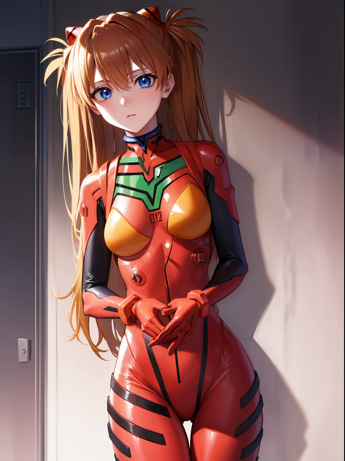asukalangley, Asuka Langley Soryu, (Souryu Asuka Langley:1.5), Blue eyes, hair between eye, Headgear, Interface headset, Orange hair, two side up,
Blake Bodysuit, Long sleeves, plugsuit, Red bodysuit,
Break indoors, crass room,
BREAK looking at viewer, (Cowboy Shot:1.5),
BREAK (masutepiece:1.2), Best Quality, High resolution, Unity 8k壁纸, (Illustration:0.8), (Beautiful detailed eyes:1.6), extra detailed face, Perfect Lighting, extremely details CG, (Perfect hands, Perfect Anatomy),