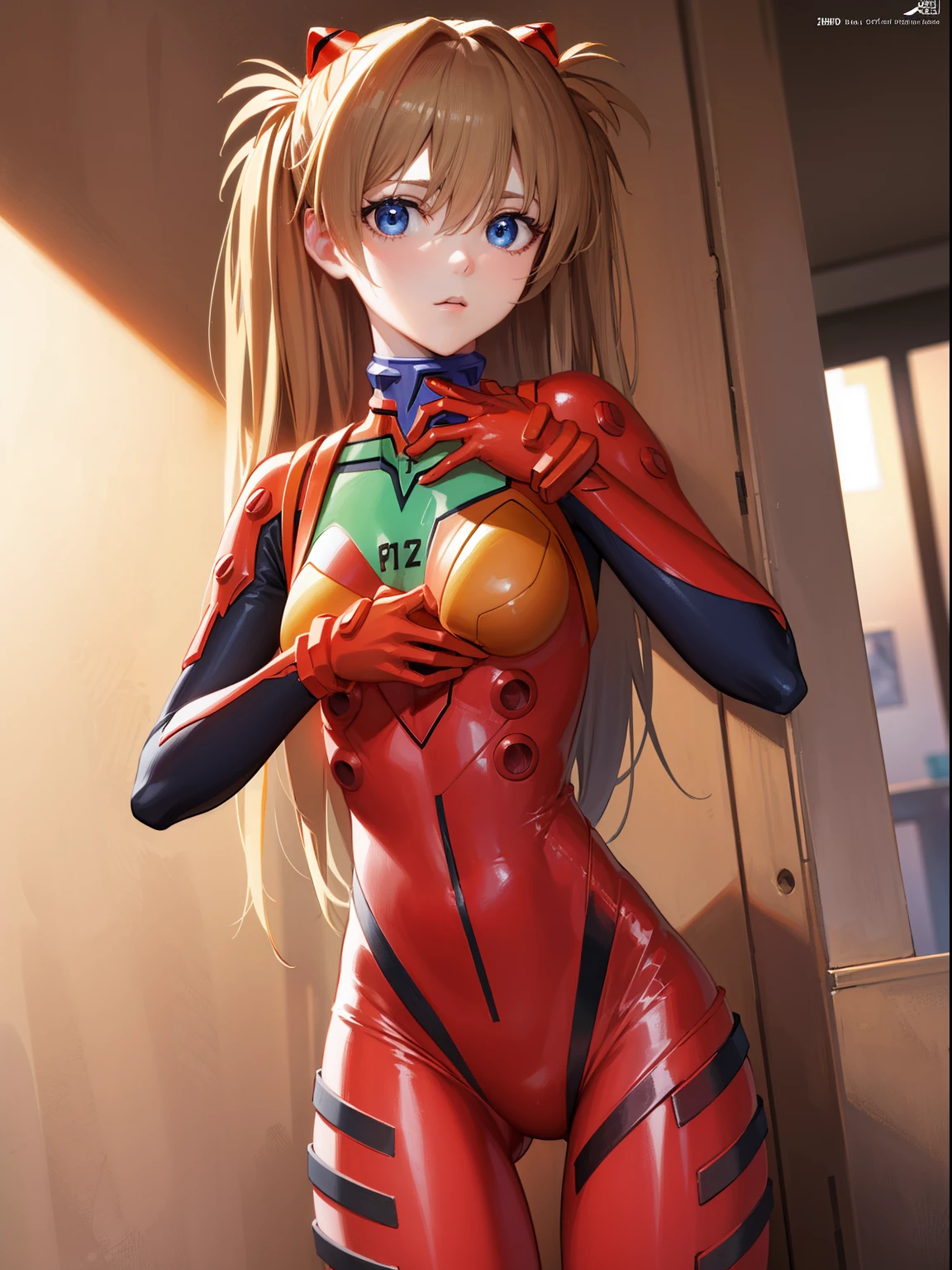 asukalangley, Asuka Langley Soryu, (Souryu Asuka Langley:1.5), Blue eyes, hair between eye, Headgear, Interface headset, Orange hair, two side up,
Blake Bodysuit, Long sleeves, plugsuit, Red bodysuit,
Break indoors, crass room,
BREAK looking at viewer, (Cowboy Shot:1.5),
BREAK (masutepiece:1.2), Best Quality, High resolution, Unity 8k壁纸, (Illustration:0.8), (Beautiful detailed eyes:1.6), extra detailed face, Perfect Lighting, extremely details CG, (Perfect hands, Perfect Anatomy),