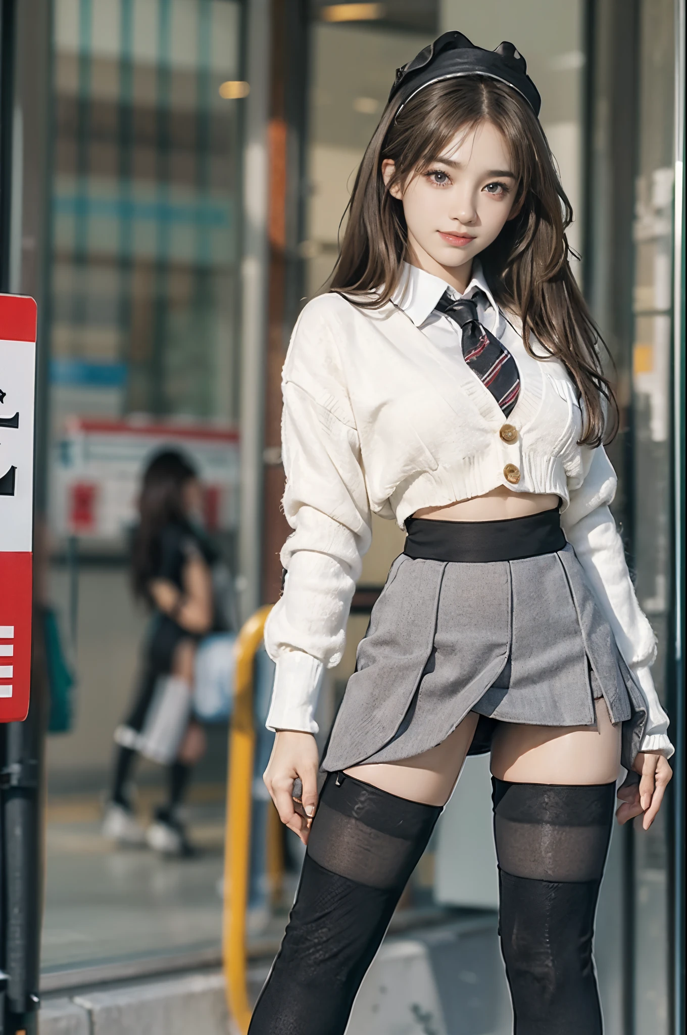 ((top-quality、8K、masterpiece:1.3))、Standing、foco nítido:1.2、(realisitic、Photorealsitic:1.37)、((A smile))、Feet to the viewer、Feet in front of the audience、advance、((Red fringe pocket tweed miniskirt))、Beautiful Face Woman、28 year old、pointed chest、NSFW、long eyeslashes、Colorcon、Big 、delicated、Very detailed eyes、Highly detailed eyebrows、((Beautiful ass))、(Sharp Eyebrows)、(Thin eyebrows)、very vey very detailed face、(Brunette short disheveled hair:1.3),Formal Blazer、micromini skirt、((Black thigh socks:1.4))、beautiful thigh、frombelow、Detailed background(8K、masterpiece、top-quality、Raw foto)、long boots、walking