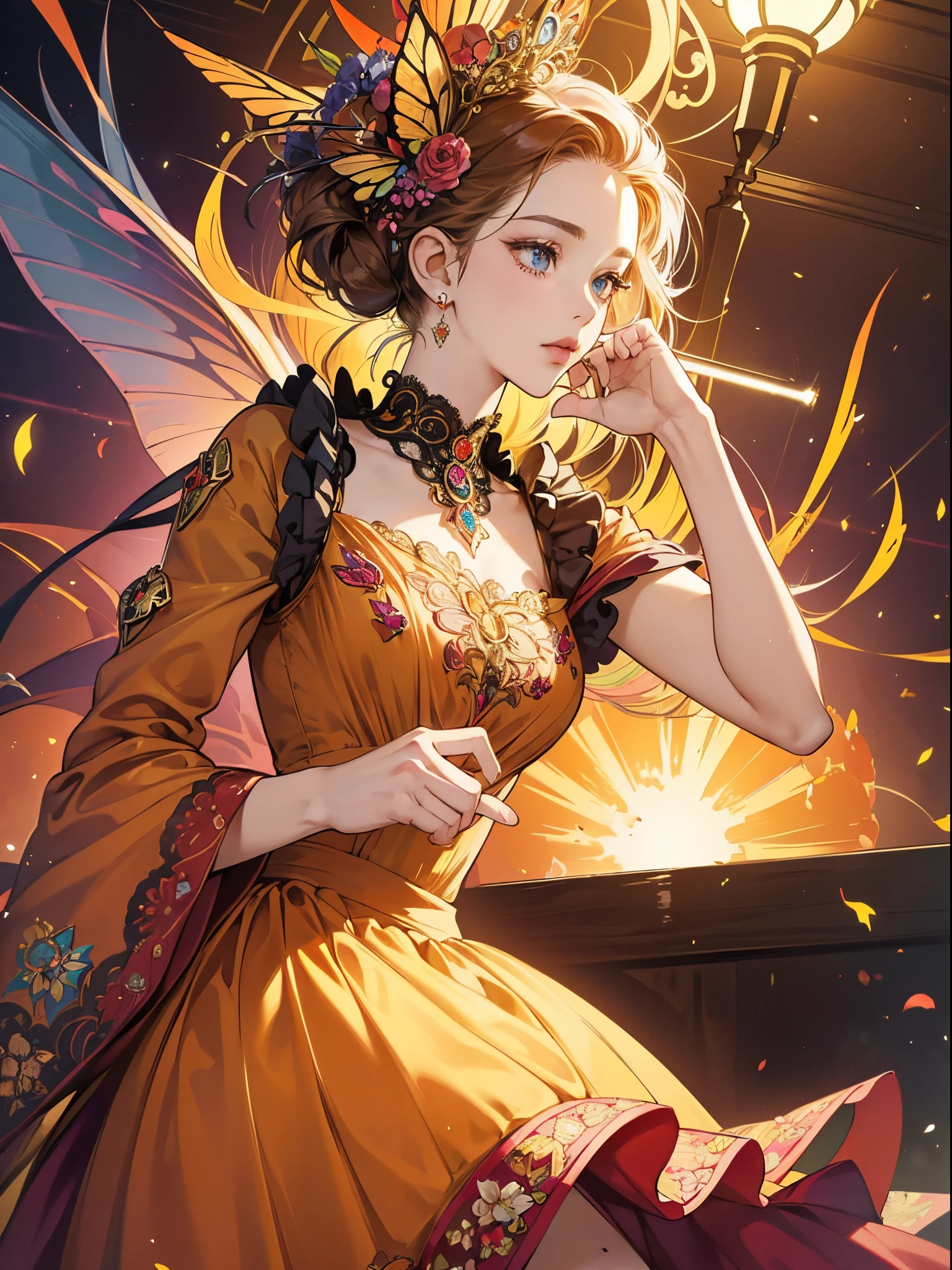 Butterfly motif、orange undertone、Vibrant colors、((​masterpiece)))、(((top-quality)))、((ultra-detailliert))、(A hyper-realistic)、(highly detailed CGillustration）、Official art、Vienna at the beginning of the 20th century、Decadent、Madame Papillon、Cool Beauty、Masquerade、refinement、Elegance、Gorgeous、Colorful and detailed mask design、matchless beauty、Fans、gorgeous dress、jewely、Female Solo、Perfect Angle、perfect-composition
