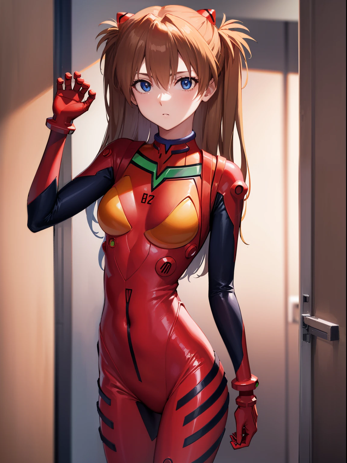 asukalangley, Asuka Langley Soryu, (Souryu Asuka Langley:1.5), Blue eyes, hair between eye, Headgear, Interface headset, Orange hair, two side up,
Blake Bodysuit, Long sleeves, plugsuit, Red bodysuit,
Break indoors, crass room,
BREAK looking at viewer, (Cowboy Shot:1.5),
BREAK (masutepiece:1.2), Best Quality, High resolution, Unity 8k壁纸, (Illustration:0.8), (Beautiful detailed eyes:1.6), extra detailed face, Perfect Lighting, extremely details CG, (Perfect hands, Perfect Anatomy),