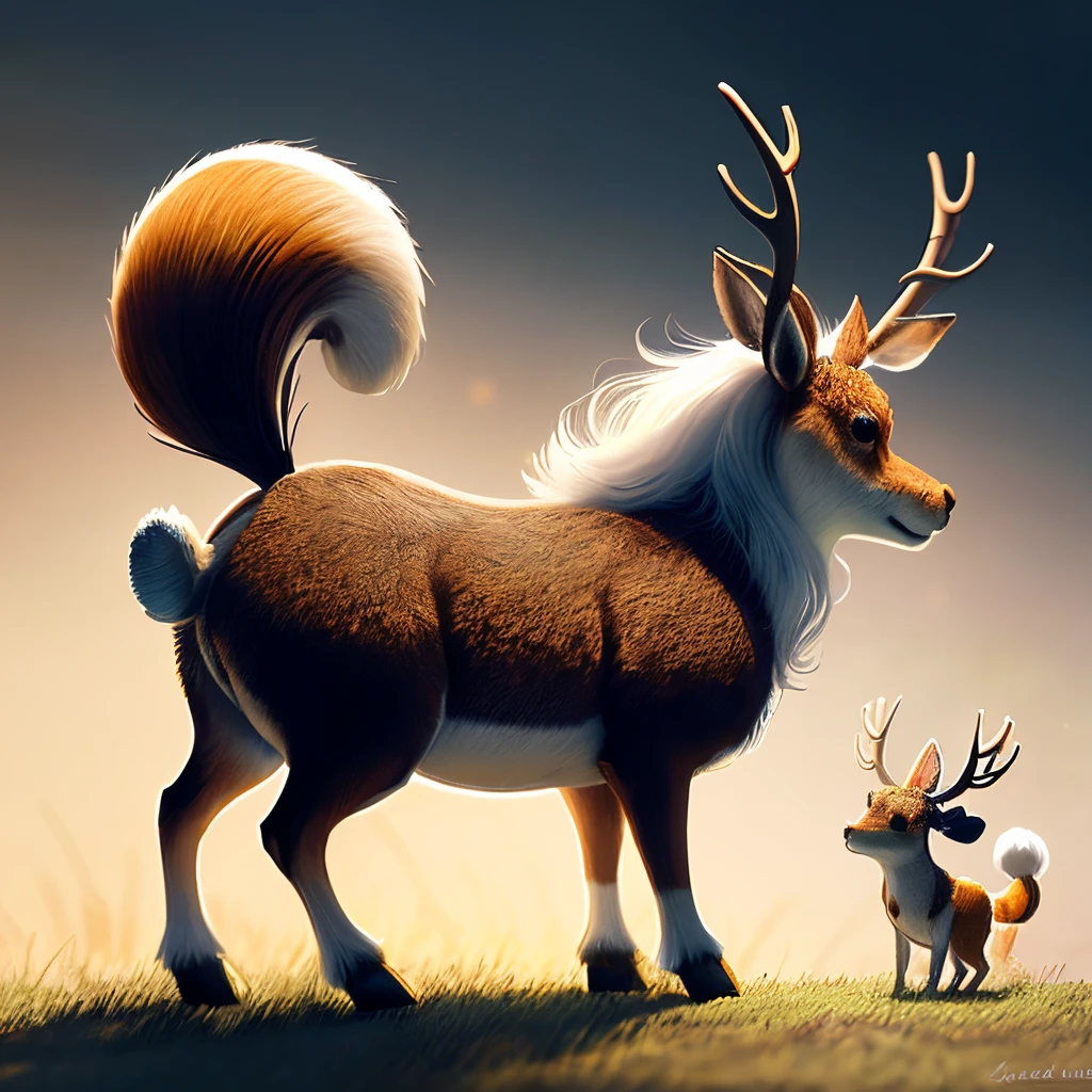 A antler hornee creatures. A bushy tail, and a body that resembles a small dog standing on its hind legs. With sharp teeth. Horror