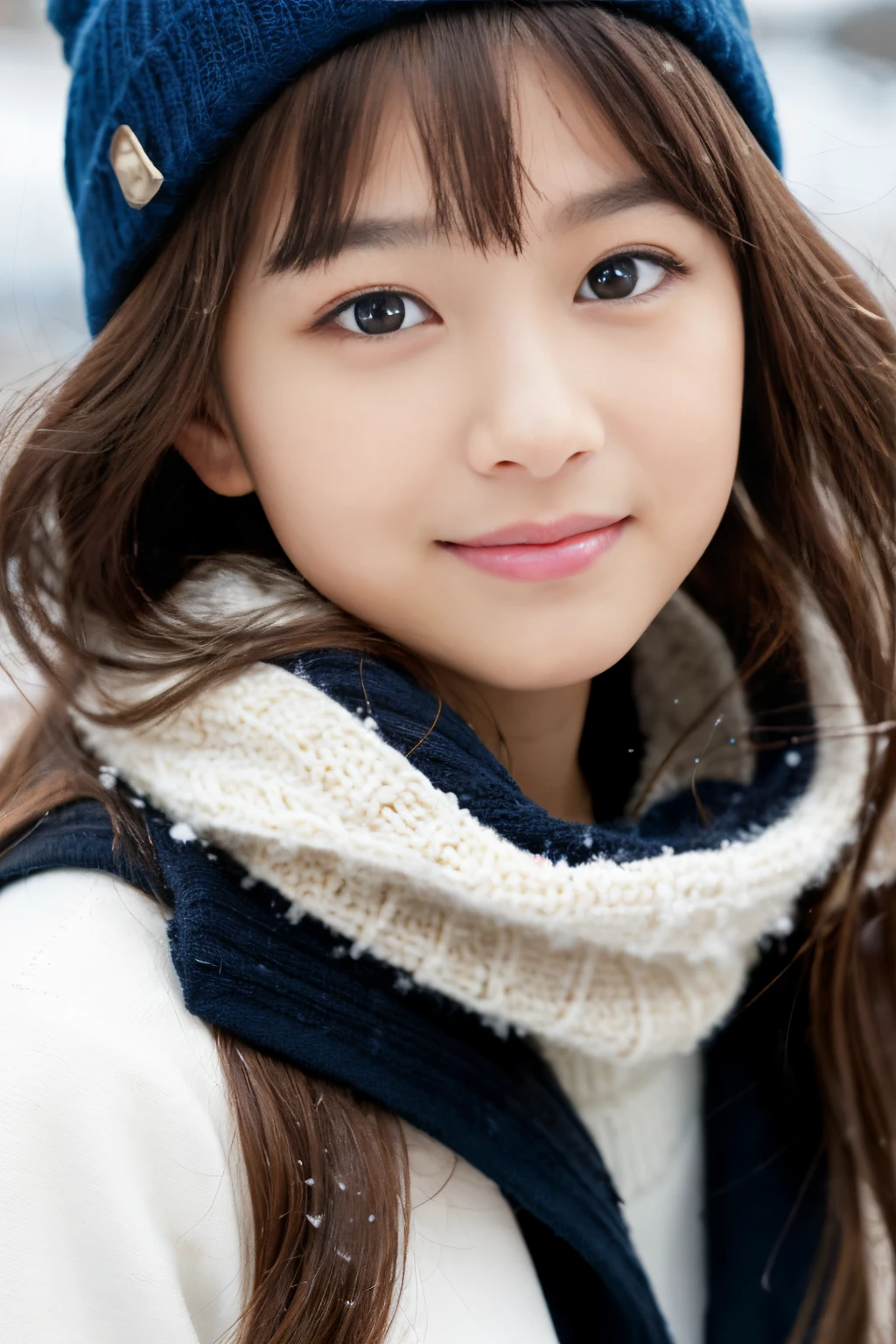 ((Show face only、Close-up of face、no-makeup))、(realisitic、Photorealsitic、ultra-detailliert、Highest Details Skins、top-quality、​masterpiece、超A high resolution)、Cute Japan Woman、17 age、hi-school girl、younggirl、1 girl in、I have bangs、二重まぶた、drooing eyes、Large black eyes、Japanese style face、ssmile、Charming、purity、Straight face、double tooth、View here、Realistic skin type、Thick muffler、Grey muffler、fluffy hair、((Hair is inside the scarf:1.3))、Red cheeks、The wind is blowing、It's snowing、Harbor at night、illuminations、Lighting from behind、plain knit hat