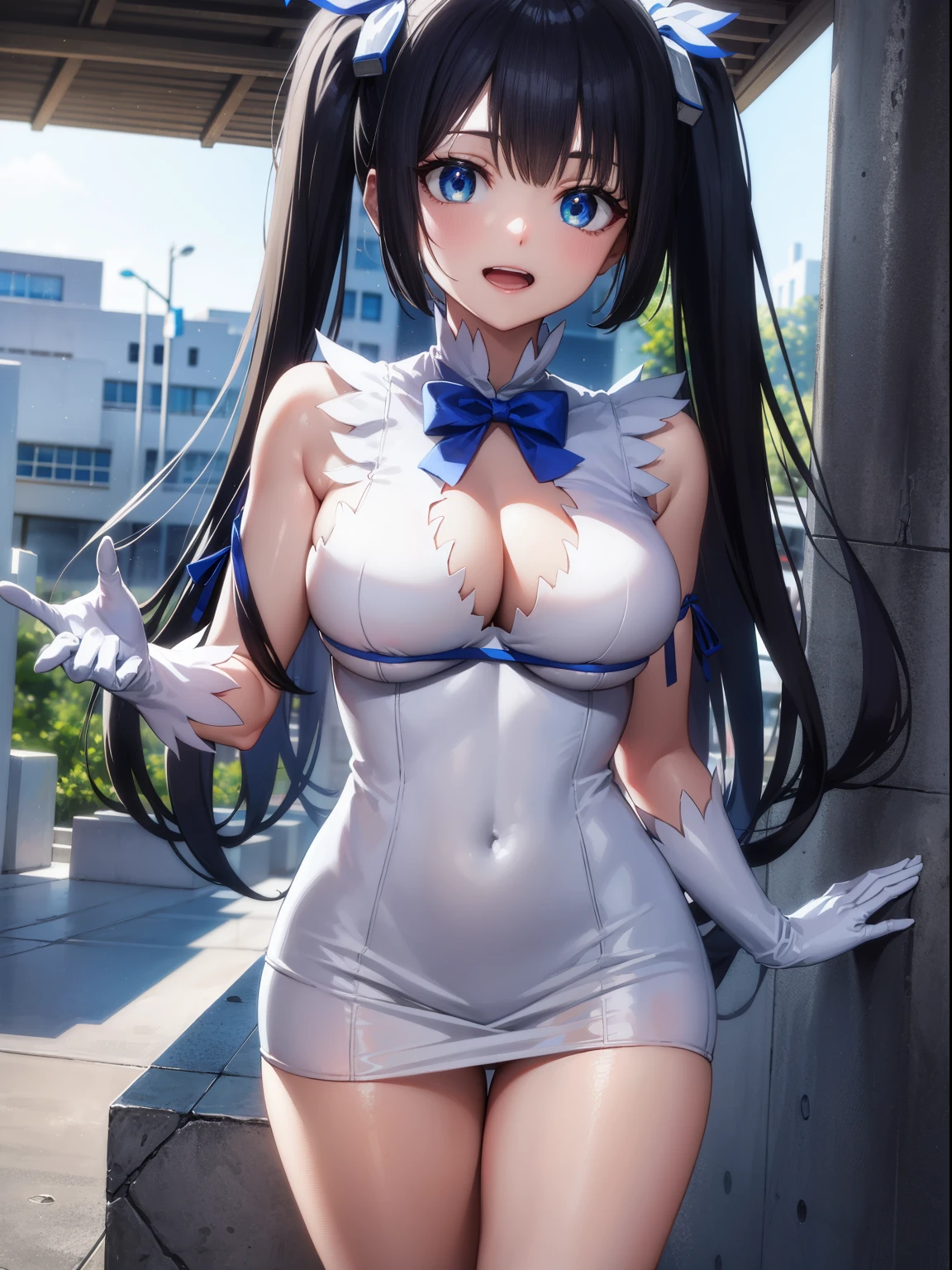 Danmati Hestia, hestia, Blue eyes, Black hair, Twin-tailed, Open mouth, Smile,
Rest barefoot, blue bow, blue bowtie, Bow, bowtie, cleavage, cleavage cutout, Clothes Cutout, Dress, gloves, pencil dress, (rei no himo:1.5), Short dress, White Dress, White Gloves,
BREAK outdoors, city,
BREAK looking at viewer, (Cowboy Shot:1.5),
BREAK (masutepiece:1.2), Best Quality, High resolution, Unity 8k壁纸, (Illustration:0.8), (Beautiful detailed eyes:1.6), extra detailed face, Perfect Lighting, extremely details CG, (Perfect hands, Perfect Anatomy),