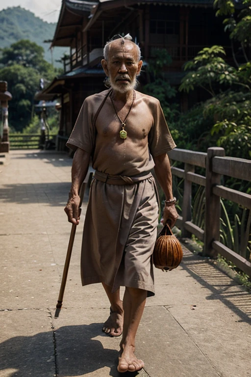 An elderly Thai hermit in poor condition carries a bag and carries a walking stick. Hanging the amulet around the neck wearing an old crown Walking across the footbridge, full image