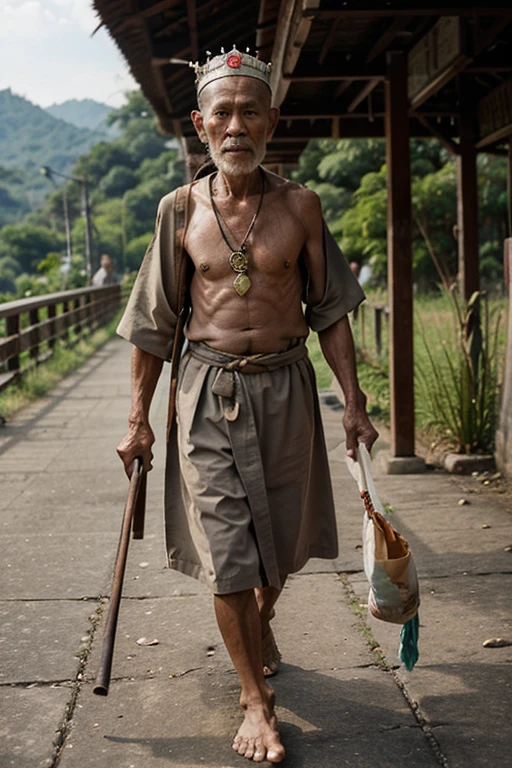 An elderly Thai hermit in poor condition carries a bag and carries a walking stick. Hanging the amulet around the neck wearing an old crown Walking across the footbridge, full image