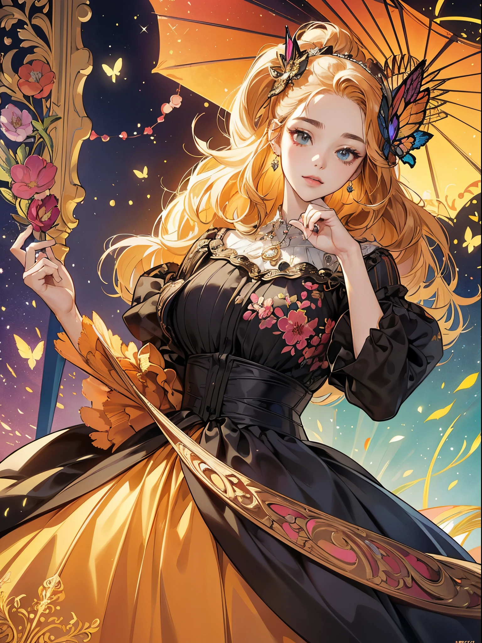 Butterfly motif、orange undertone、Vibrant colors、((​masterpiece)))、(((top-quality)))、((ultra-detailliert))、(A hyper-realistic)、(highly detailed CGillustration）、Official art、Vienna at the beginning of the 20th century、Decadent、Madame Papillon、Cool Beauty、Masquerade、refinement、Elegance、Gorgeous、Colorful and detailed mask design、matchless beauty、Fans、gorgeous dress、jewely、Female Solo、Perfect Angle、perfect-composition
