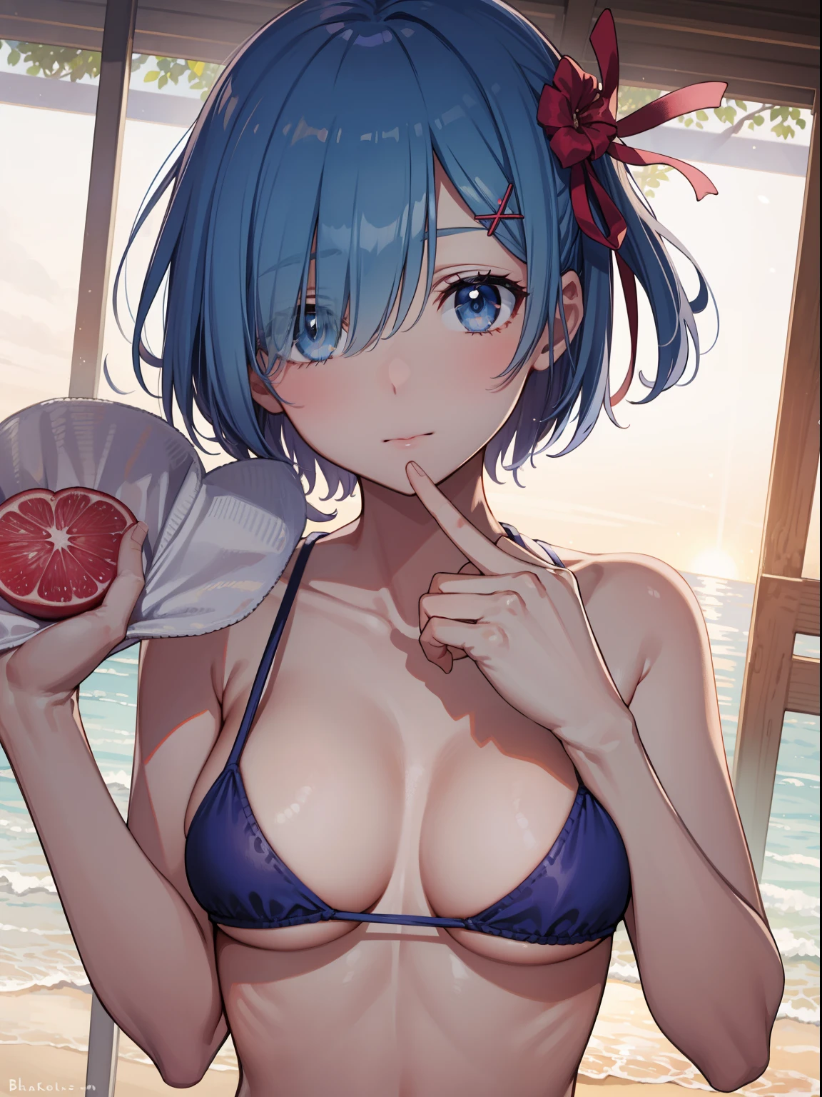 Lezerolem, Remu, Blue eyes, Blue hair, Hair Ornament, Hair over one eye, Hair Ribbon, Short hair, X Hair Ornament,
Blake Bikini,
BREAK outdoors, Beach,
BREAK looking at viewer, 
BREAK (masutepiece:1.2), Best Quality, High resolution, Unity 8k壁纸, (Illustration:0.8), (Beautiful detailed eyes:1.6), extra detailed face, Perfect Lighting, extremely details CG, (Perfect hands, Perfect Anatomy),