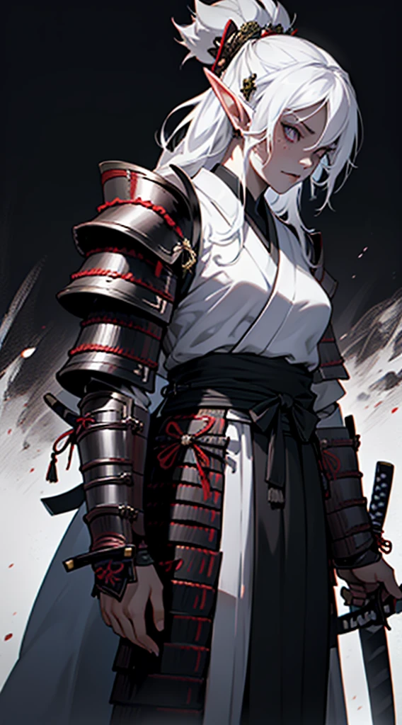 (extremely detailed 8k wallpaper:1.2), (best quality:1.2), (adventure and fantasy theme), profile (Dungeons & Dragons RPG character), ((((black elf race woman)))), (((drow))), (((asiatica))), young, beautiful, sexy, sharp focus, (subsurface scattering:1.1), award-winning photograph, ((Antipaladine Class:1.3)), ((half-body shot:1.1)), centered face, very long white hair, freckles on the face, white skin, pale skin, oriental painting of geisha on the face, bright lilac eyes:1.2, malicious expression, villainous, evil, (((((white samurai armor))))), short sword in hand, (standing inside black forest:1.3), (very detailed background:1.2), dramatic lighting, sfw