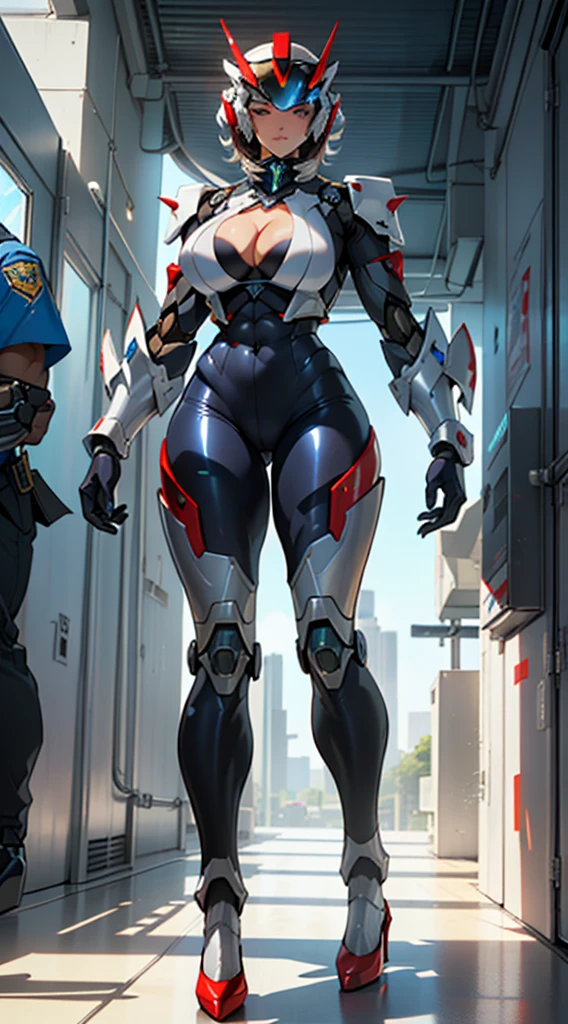[Goddess of magistrates]A hundred refining into a god - cloud fall/Hundred Refined God-Yunluo, (1GIRL, ALONE, SOLO), (super detailed face), (half face mecha helm:1.2), (BIG BUTTOCKS, HUGE FAKE BREAST:1.3), (CLEAVAGE:1.5), (MUSCLE ABS:1.3), (MECHA GUARD ARMS, DIAMOND CORE IN CHEST ARMOR:1.3), (RED WHITE SHINY FUTURISTIC MECHA ARMORED, MECHA SKINTIGHT SUIT PANTS, MECHA GUARD ARMOR LEGS, HIGH HEELS:1.5), (MUSCULAR FEMALE BODY, GLOWING SKIN, SEXY LONG LEGS:1.1), (LOOKING AT VIEWER:1.3), (female focus:0.886), (WALKING DOWN HALLWAY OF FUTURISTIC SPACE STATION:1), (BRIGHT LIGHT WHITE_ROOM:1.3), HYPER TEXTURE, UNREAL ENGINE RENDER, PHYSICALLY-BASED RENDERING, ULTRA HIGHT DEFINITION, 16K, 1080P.