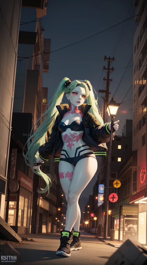 Rebecca, 1girl, green hair, white skin, twintails, colored sclera, red sclera, bra, panties, black jacket, artificial eye, black sneakers, perfect anatomy, solo, surrounded by zombies, post apocalyptic city, fighting stance, holding weapons