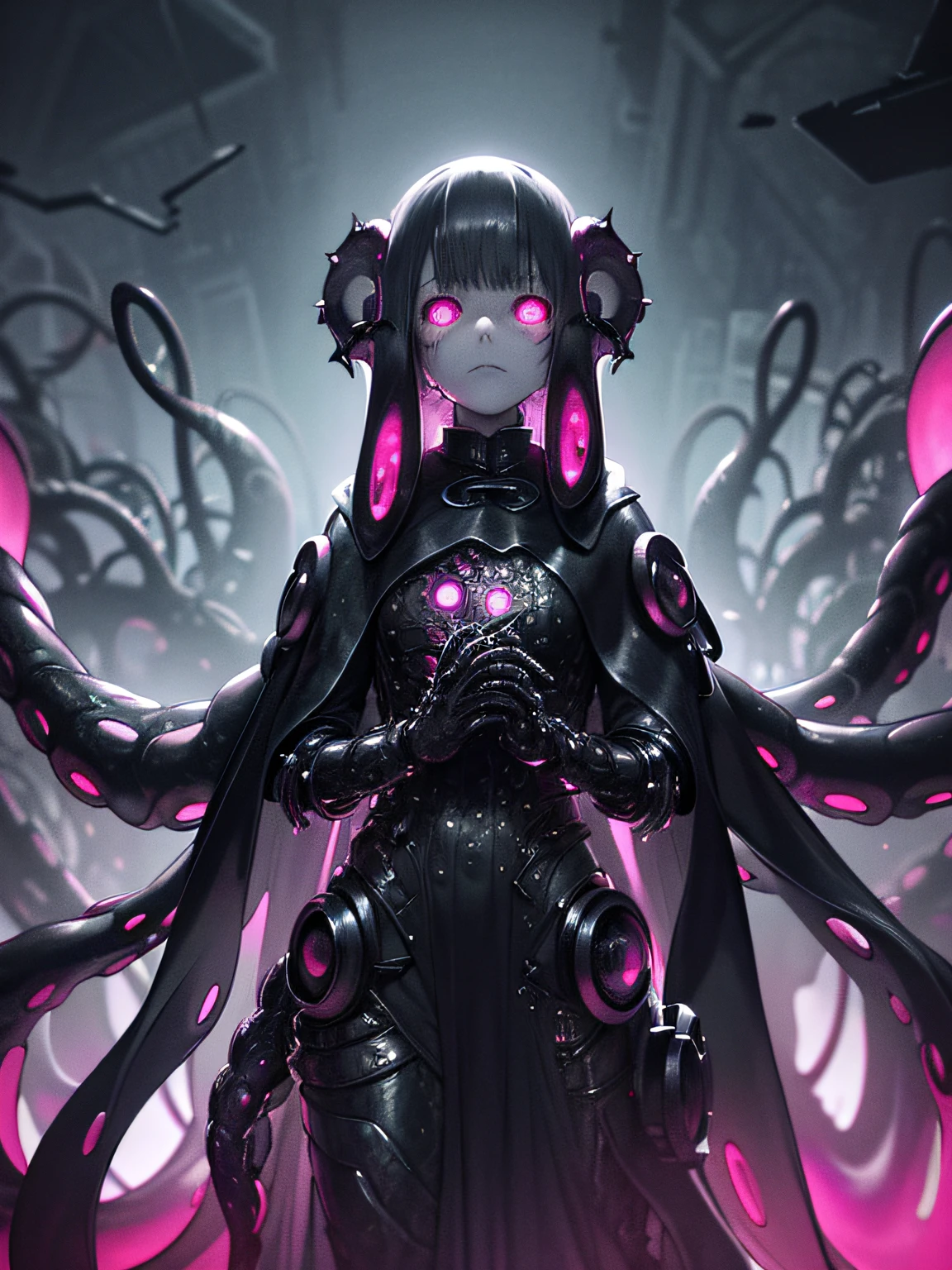 (((dark tentacle biopunk))), ((dark biopunk girl)), ((closed clothing)), biopunk cape-shaped clothing, Closed posture, hands together, Cold lighting, abandoned landscape in biopunk style, (Contempt for video game style), Horror atmosphere, the presence of something scary, very detailed biopunk background, von Hans Giger, perfect anatomy, Masterpiece