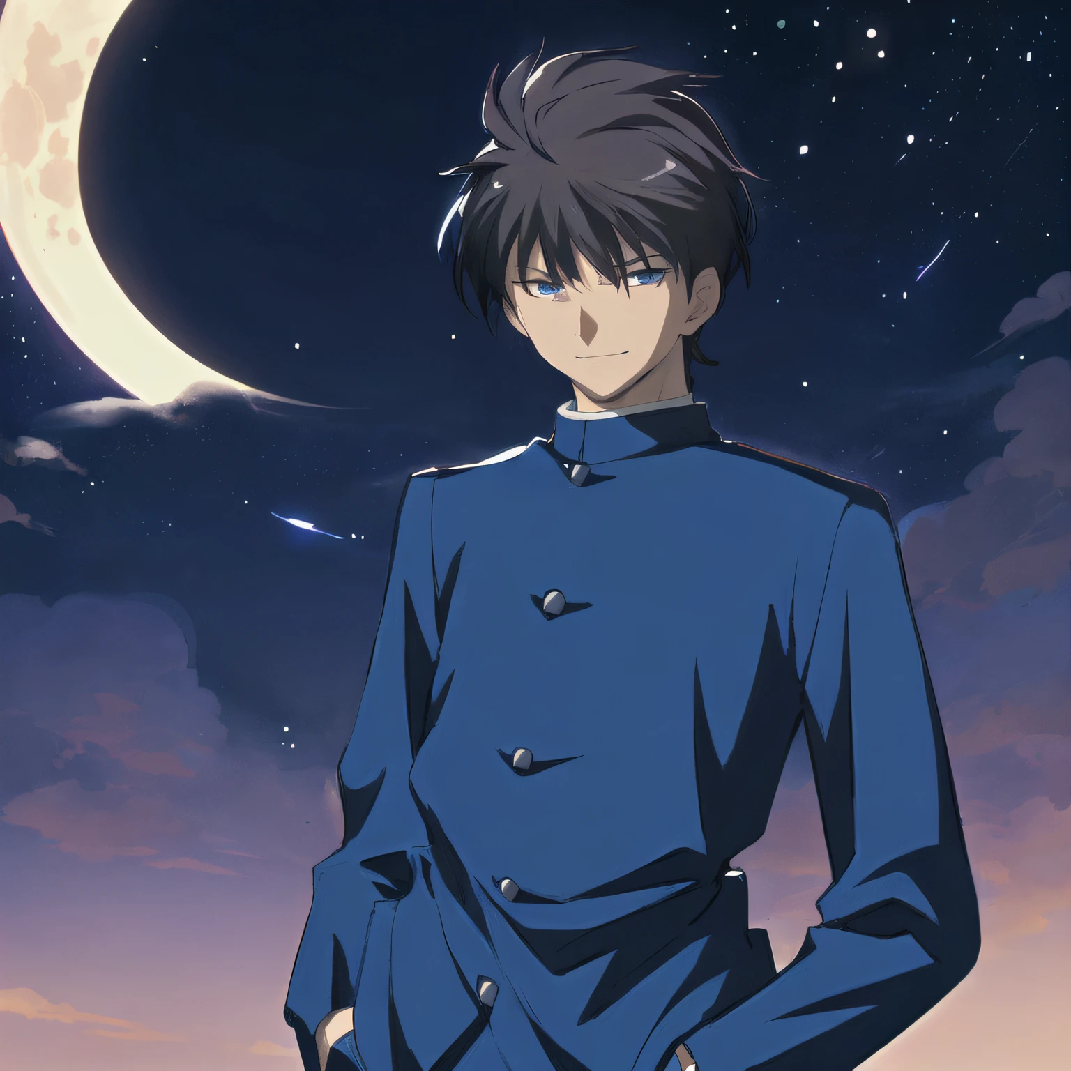 anime character in blue suit with black hair, tsukihime,type-moon,melty blood, shiki ya, anime handsome man, blue eyes, night sky background, night time, moon